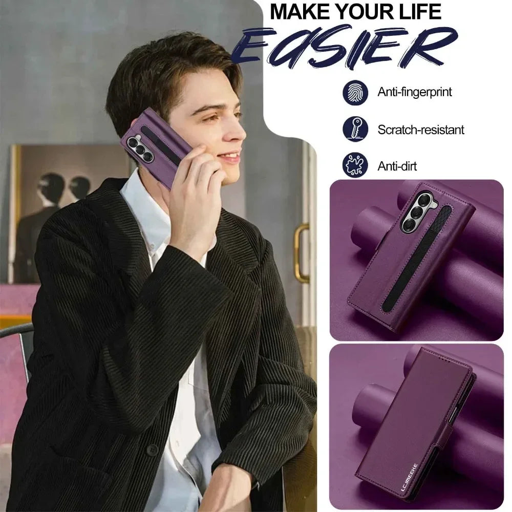 For Samsung Z Fold 7 6 5 4 3 Fold6 Fold5 Fold4 Fold3 5G Business Leather Case with Pen Holder Wallet Cards Slot Flip Phone Cover