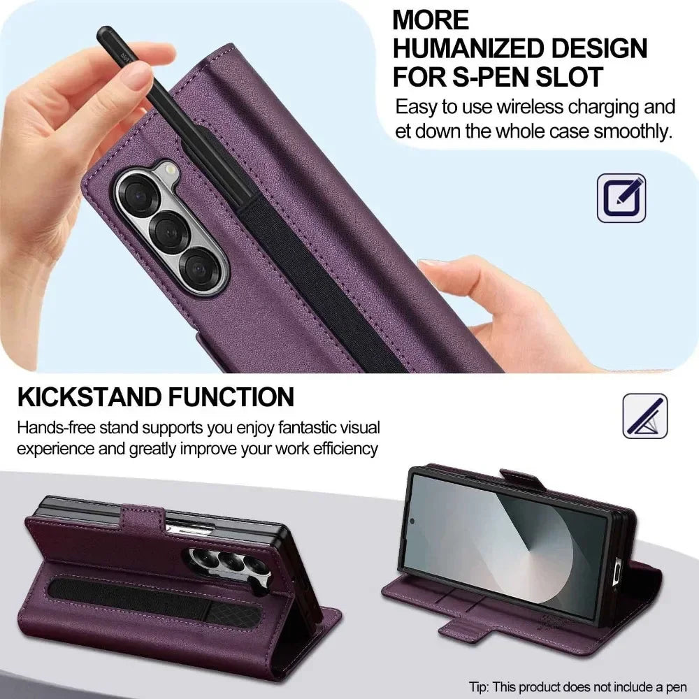 For Samsung Z Fold 7 6 5 4 3 Fold6 Fold5 Fold4 Fold3 5G Business Leather Case with Pen Holder Wallet Cards Slot Flip Phone Cover