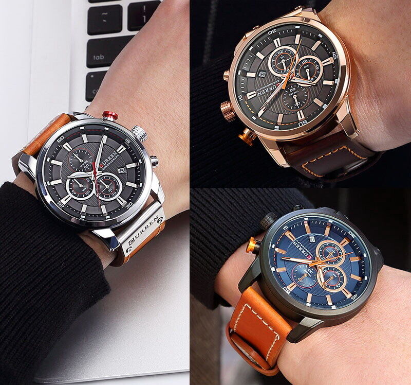 CURREN Men's Chronograph Date Waterproof Leather Strap Luxury Sports Wrist Watch