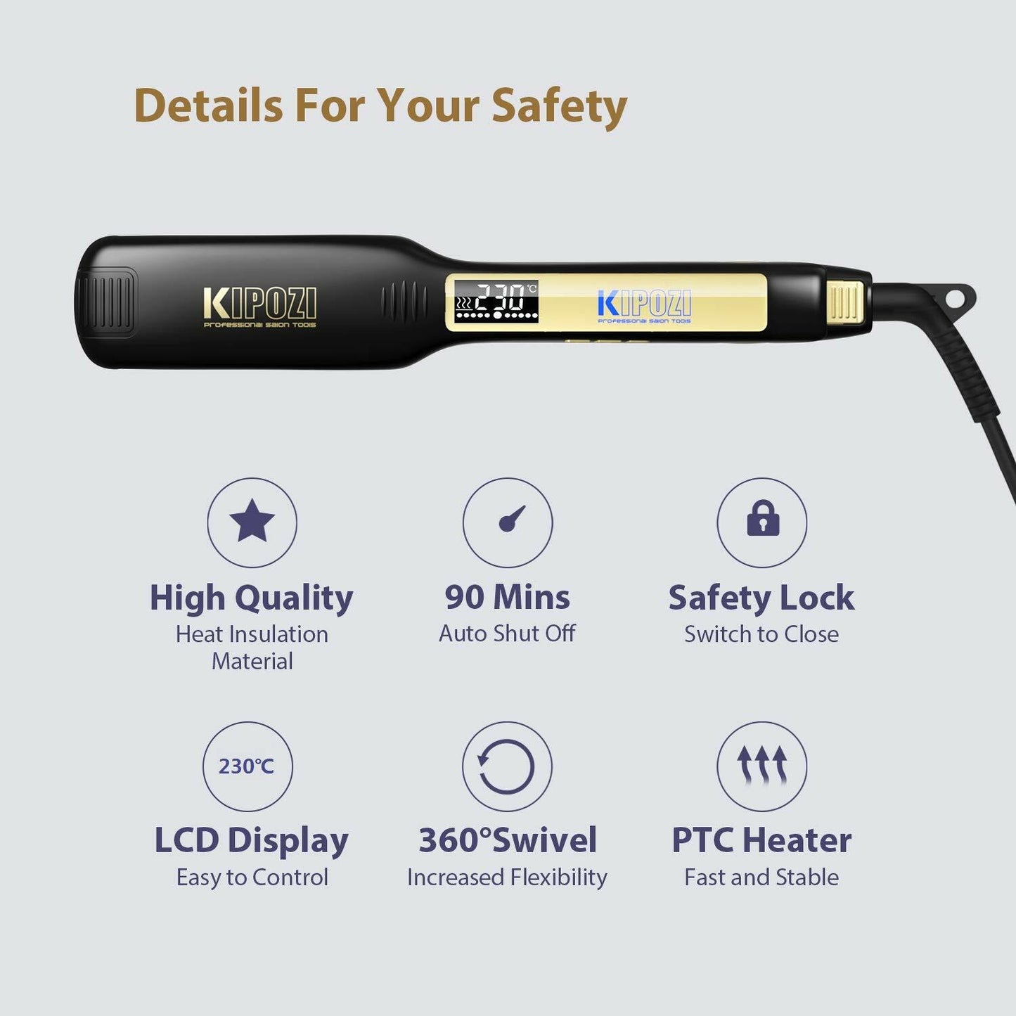 KIPOZI Pro 2 In1 Hair Straighteners Travel 230C Digital Display 30S Instant Heat