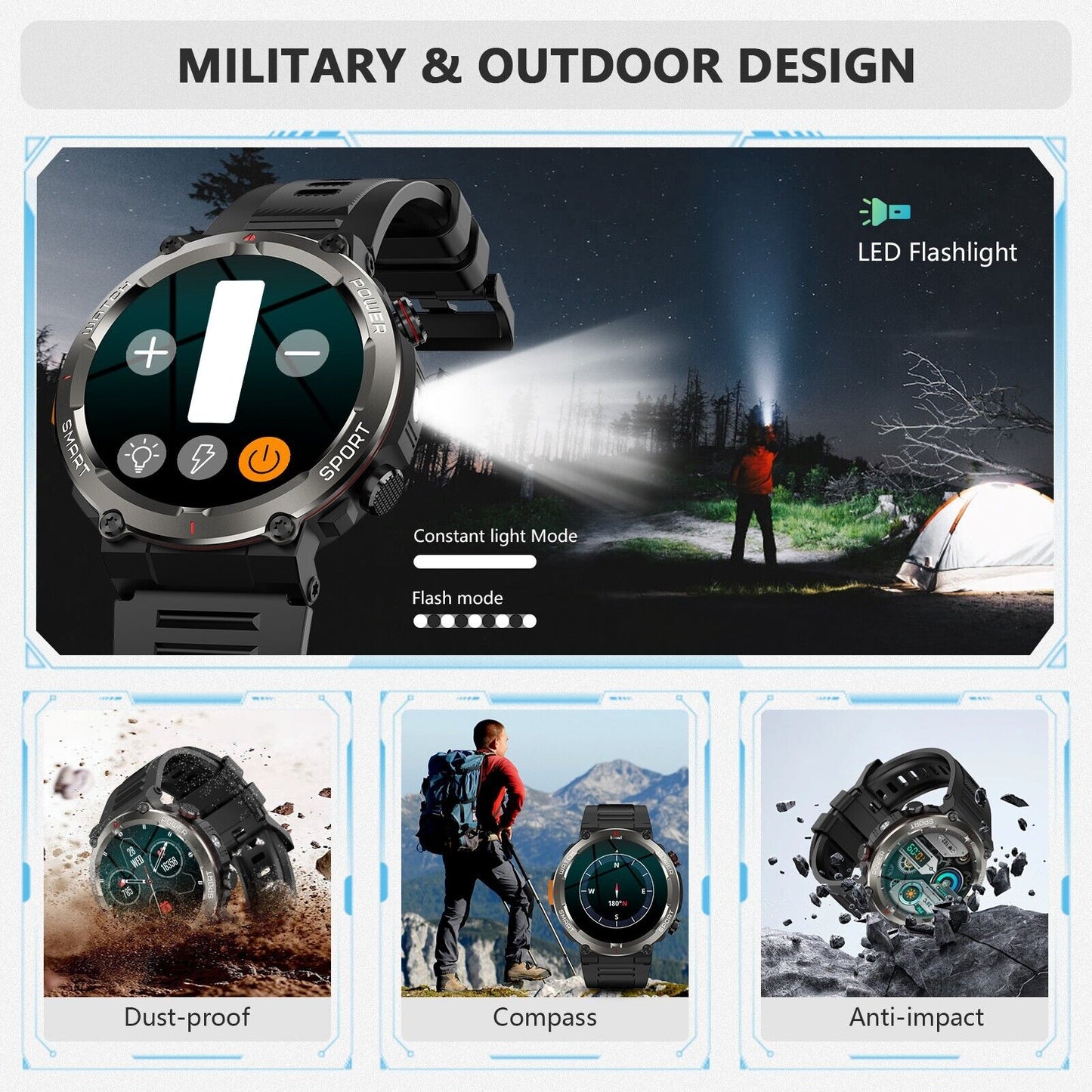 Military Rugged Smart Watch for Men with Bluetooth Call(Answer/Make Call) Gift