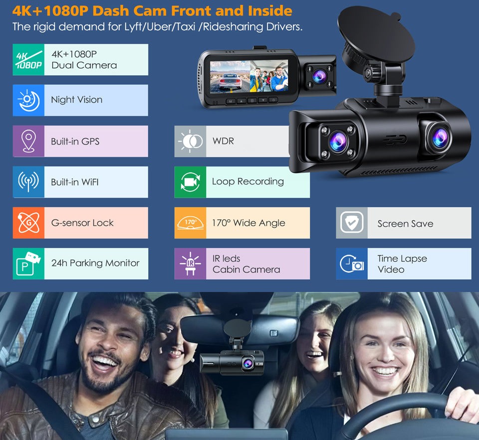 TOGUARD Dual Dash Cam 4K Front and 1080P Inside Cabin GPS Dual Lens Car Camera