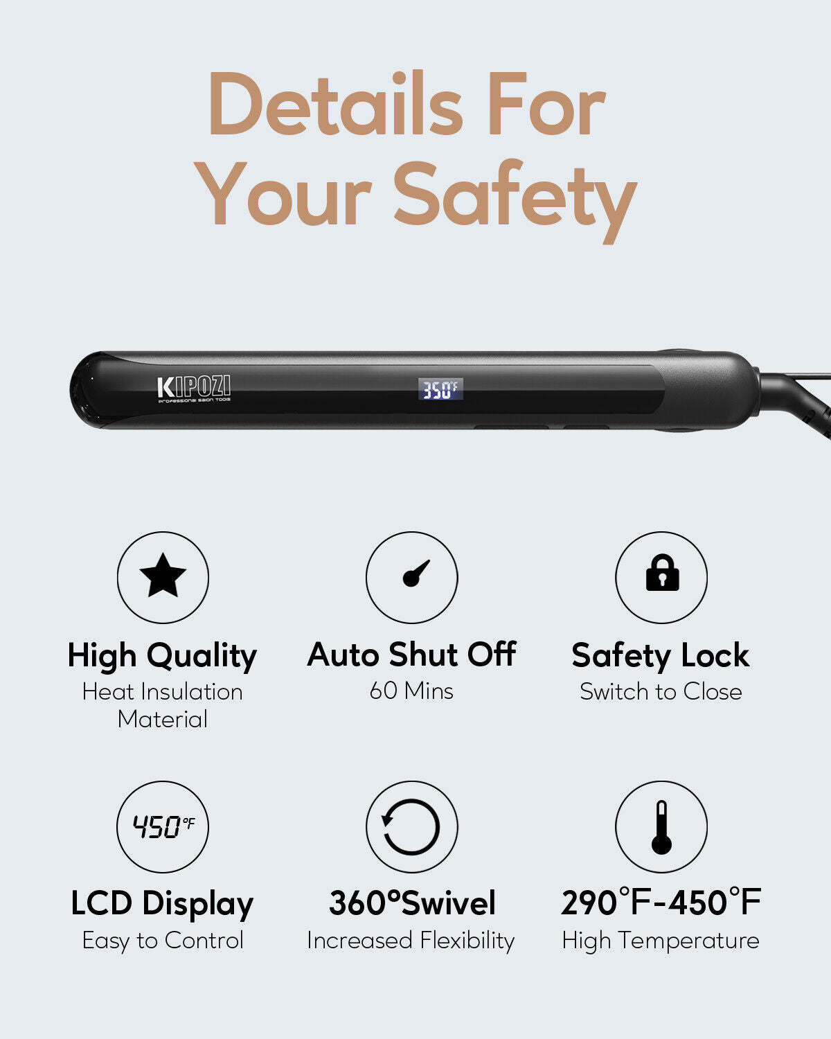 KIPOZI Pro 2 In1 Hair Straighteners Travel 230C Digital Display 30S Instant Heat