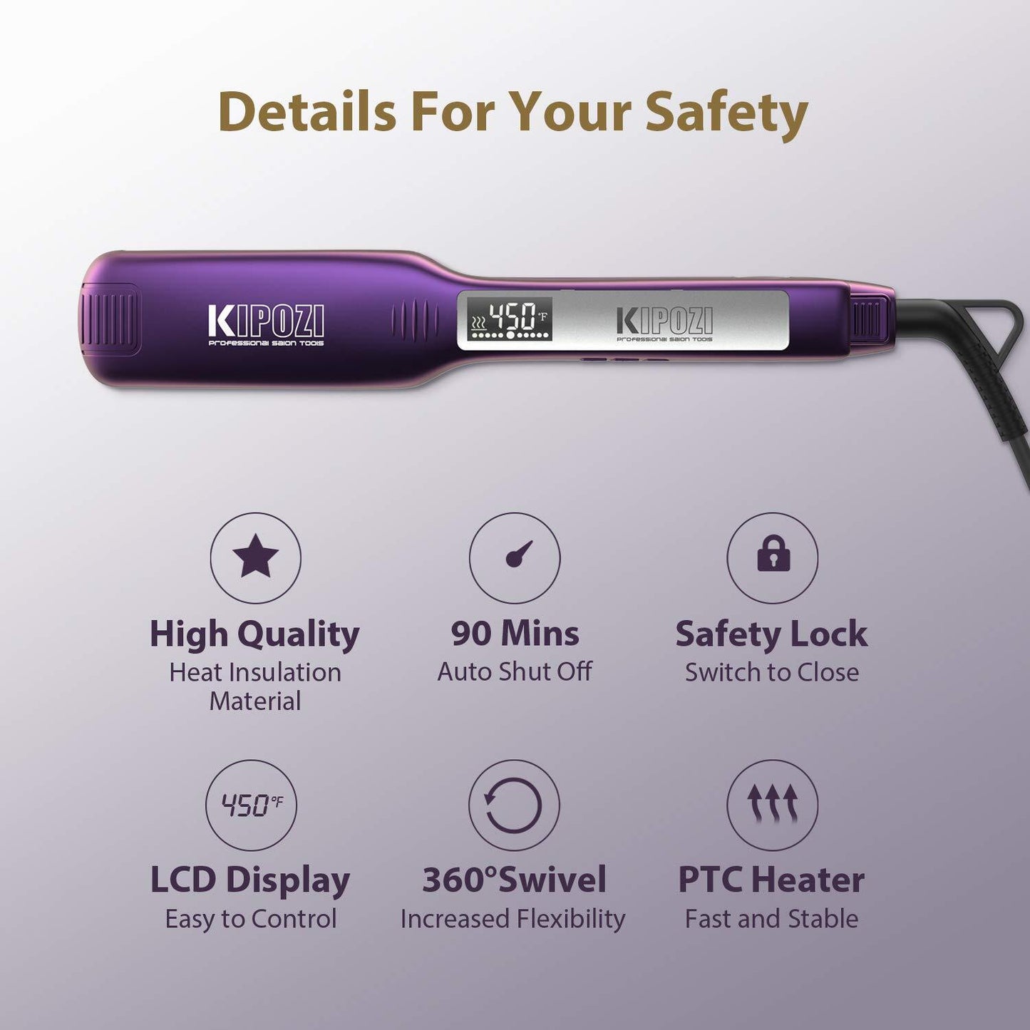 KIPOZI Pro 2 In1 Hair Straighteners Travel 230C Digital Display 30S Instant Heat