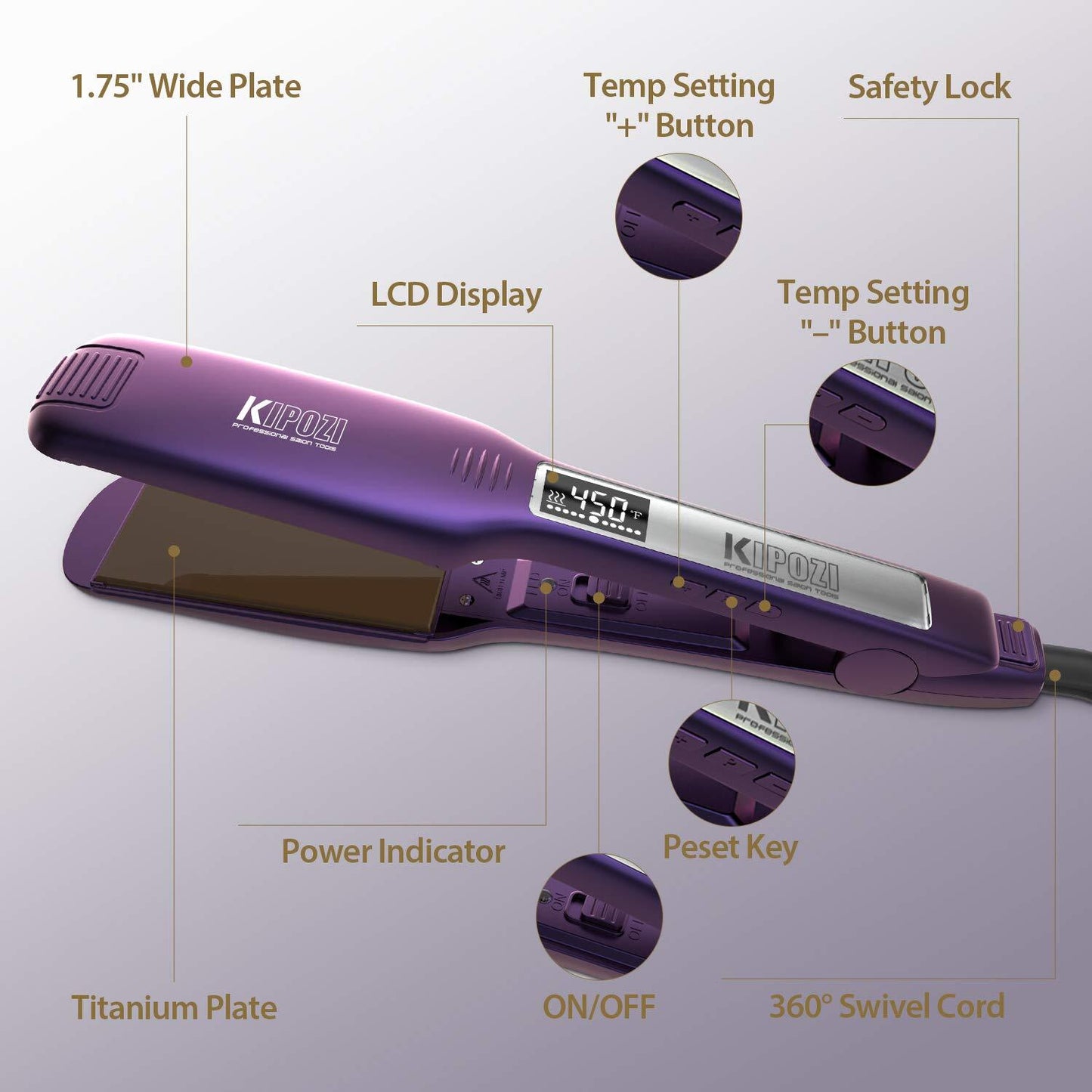 KIPOZI Pro 2 In1 Hair Straighteners Travel 230C Digital Display 30S Instant Heat