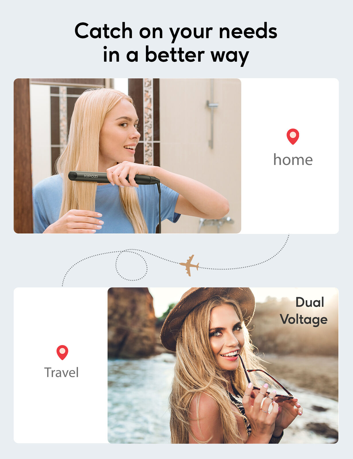 KIPOZI Pro 2 In1 Hair Straighteners Travel 230C Digital Display 30S Instant Heat