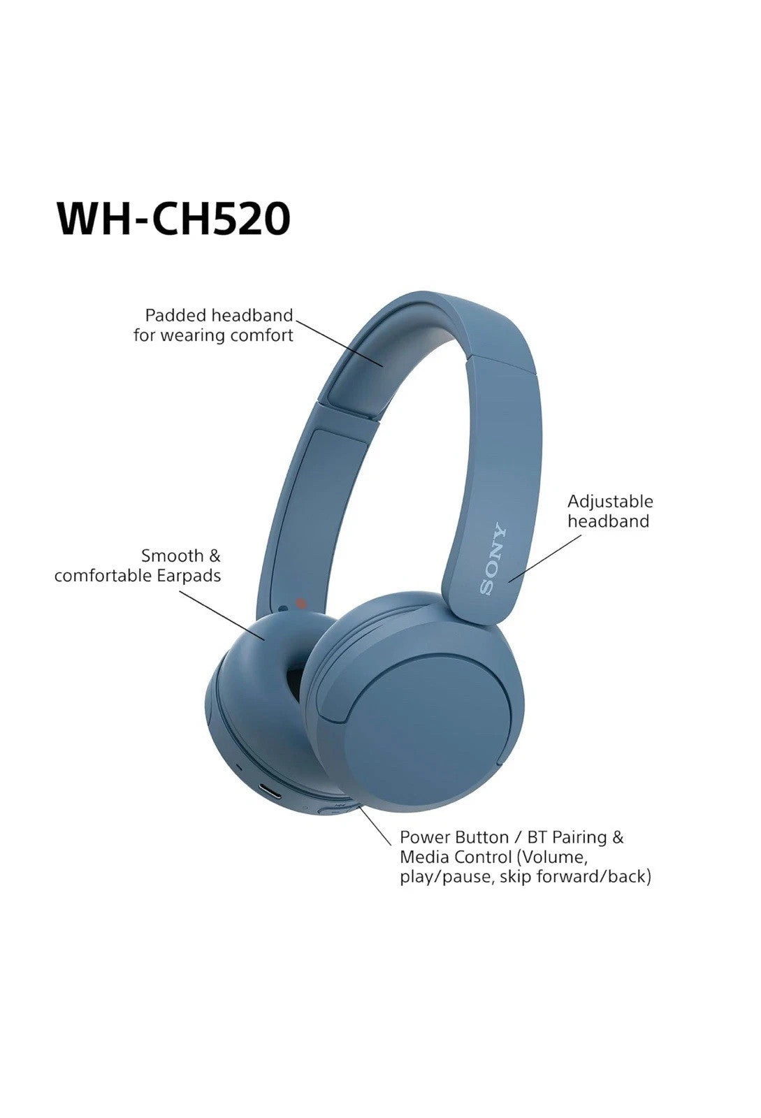 Sony WH-CH520 Wireless Headphones iOS & Android - Blue