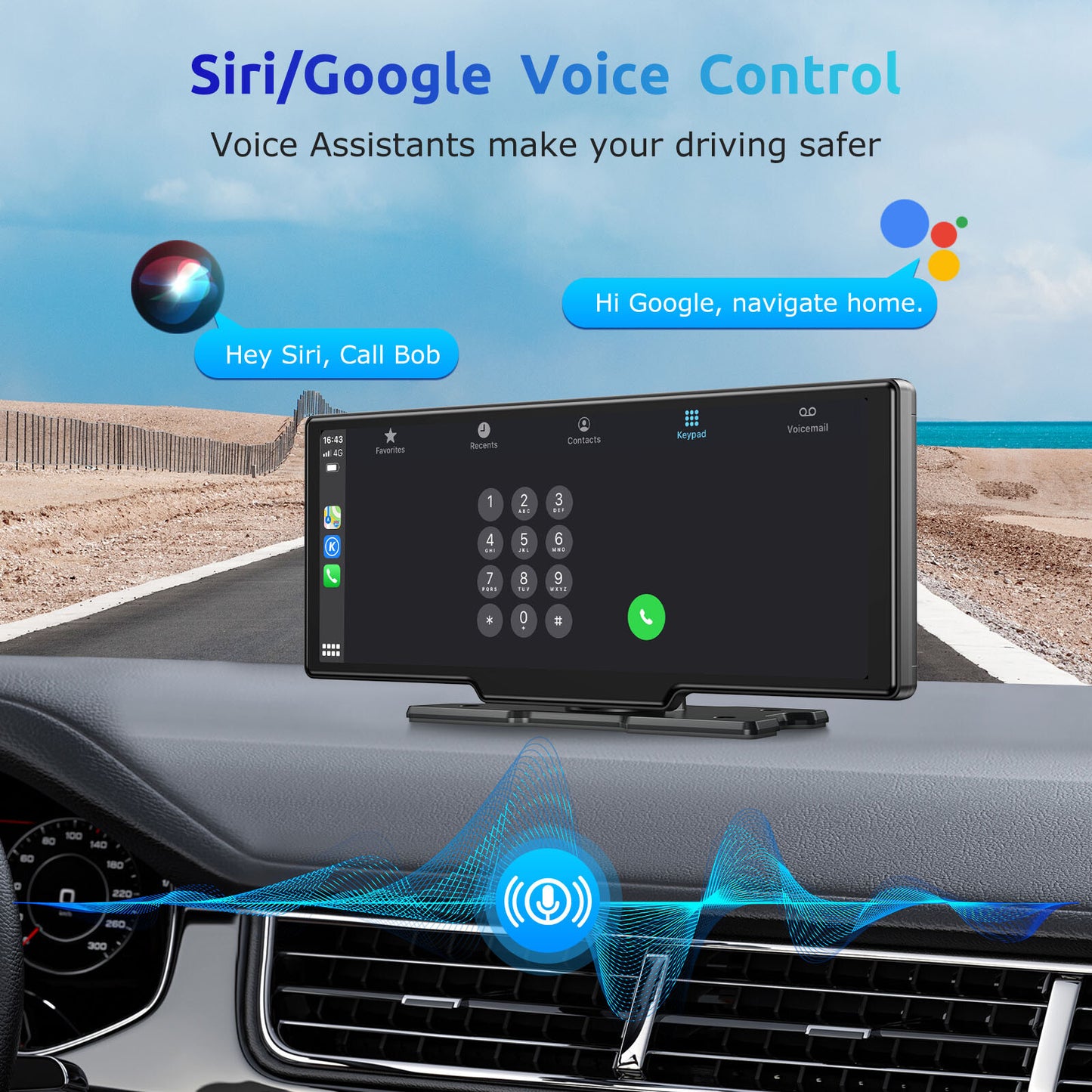 10" Portable 4K Touch Screen Car Stereo Wireless Apple Carplay Android Auto BT