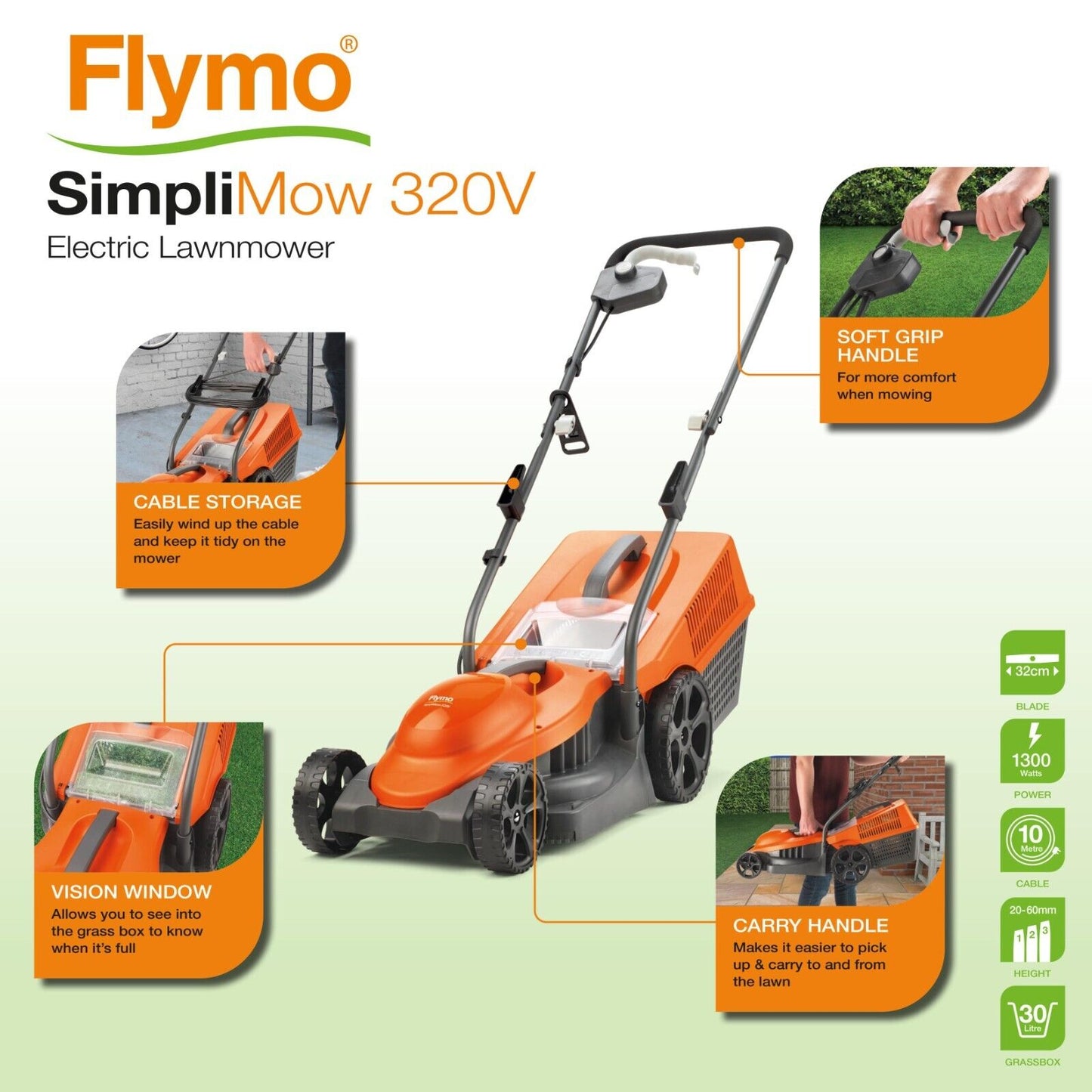 Flymo SimpliMow 320V Electric Wheeled Lawnmower - Silver Grade