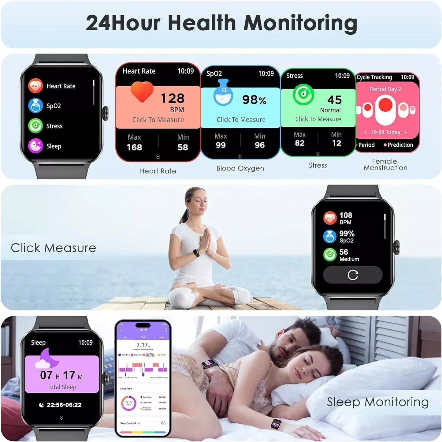 Alexa Smart Watch Calls Bluetooth Heart Rate Blood Pressure iPhone Samsung