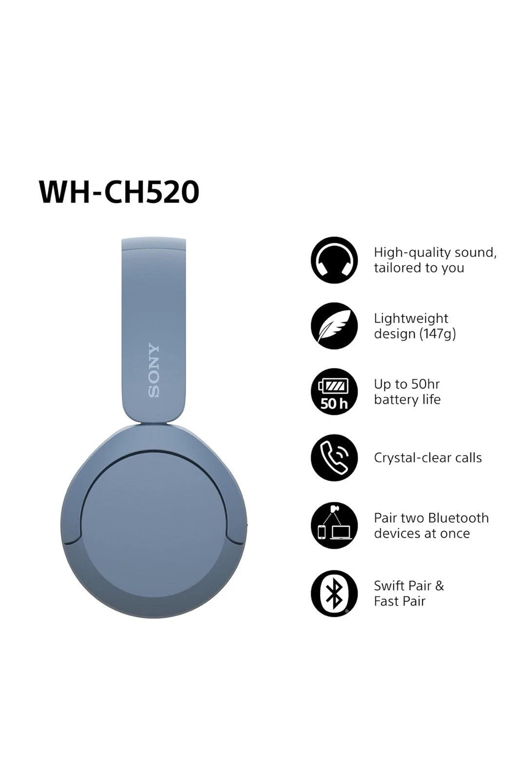 Sony WH-CH520 Wireless Headphones iOS & Android - Blue