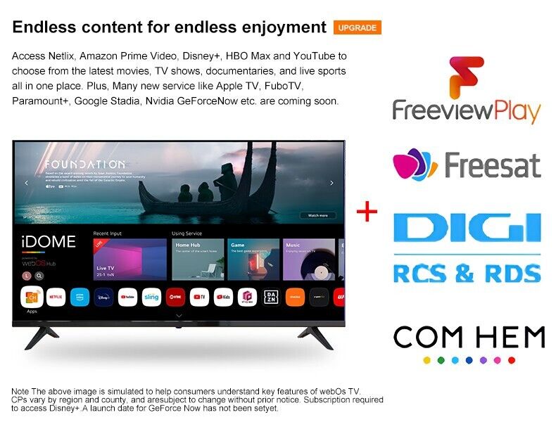 iDOME 32 Inch Smart WebOS TV WiFi Freeview HD Ready Frameless 2HDMI 2USB 220V UK