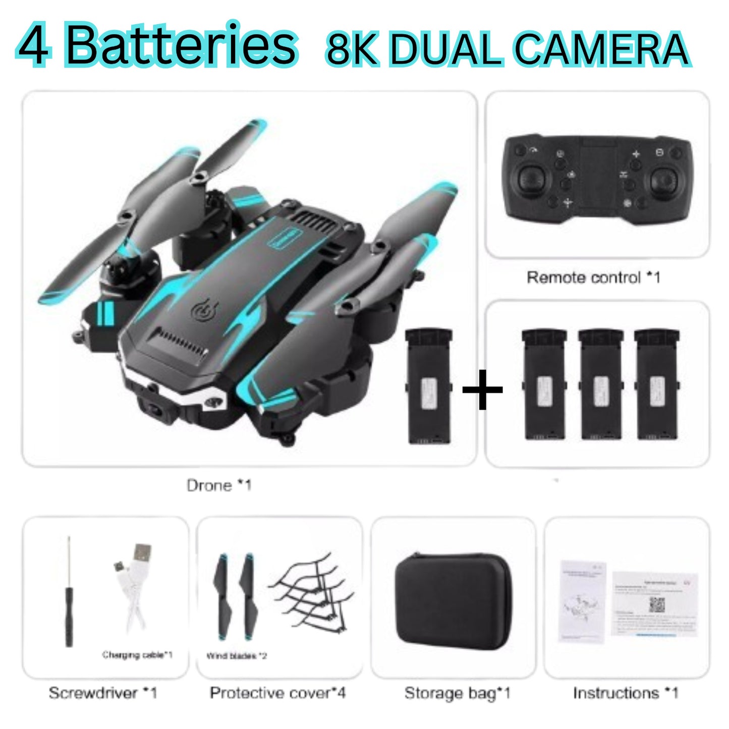 8K HD Drone Dual Camera WIFI FPV GPS Foldable Selfie RC Quadcopter +4 Batteries