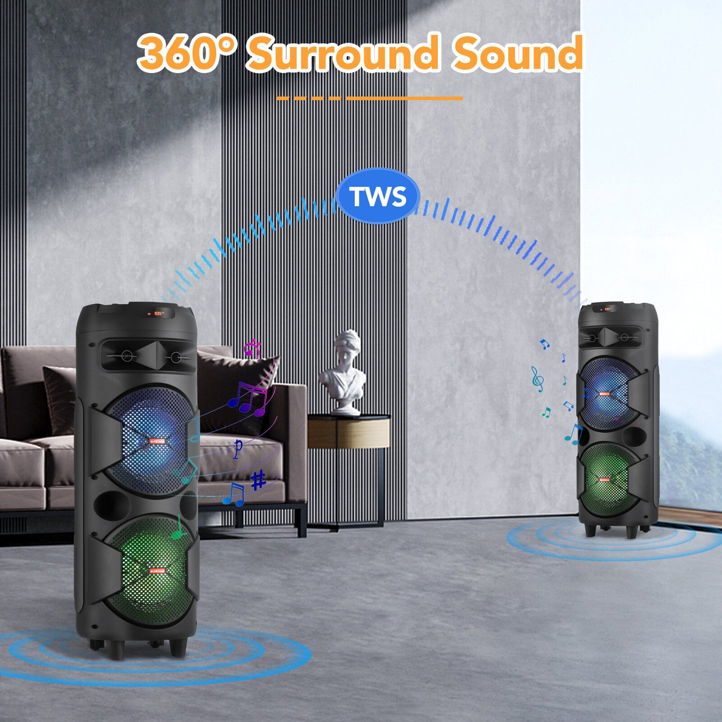 6000W Bluetooth Speaker Portable Dual Sub Woofer Heavy Bass Party DJ System Mic