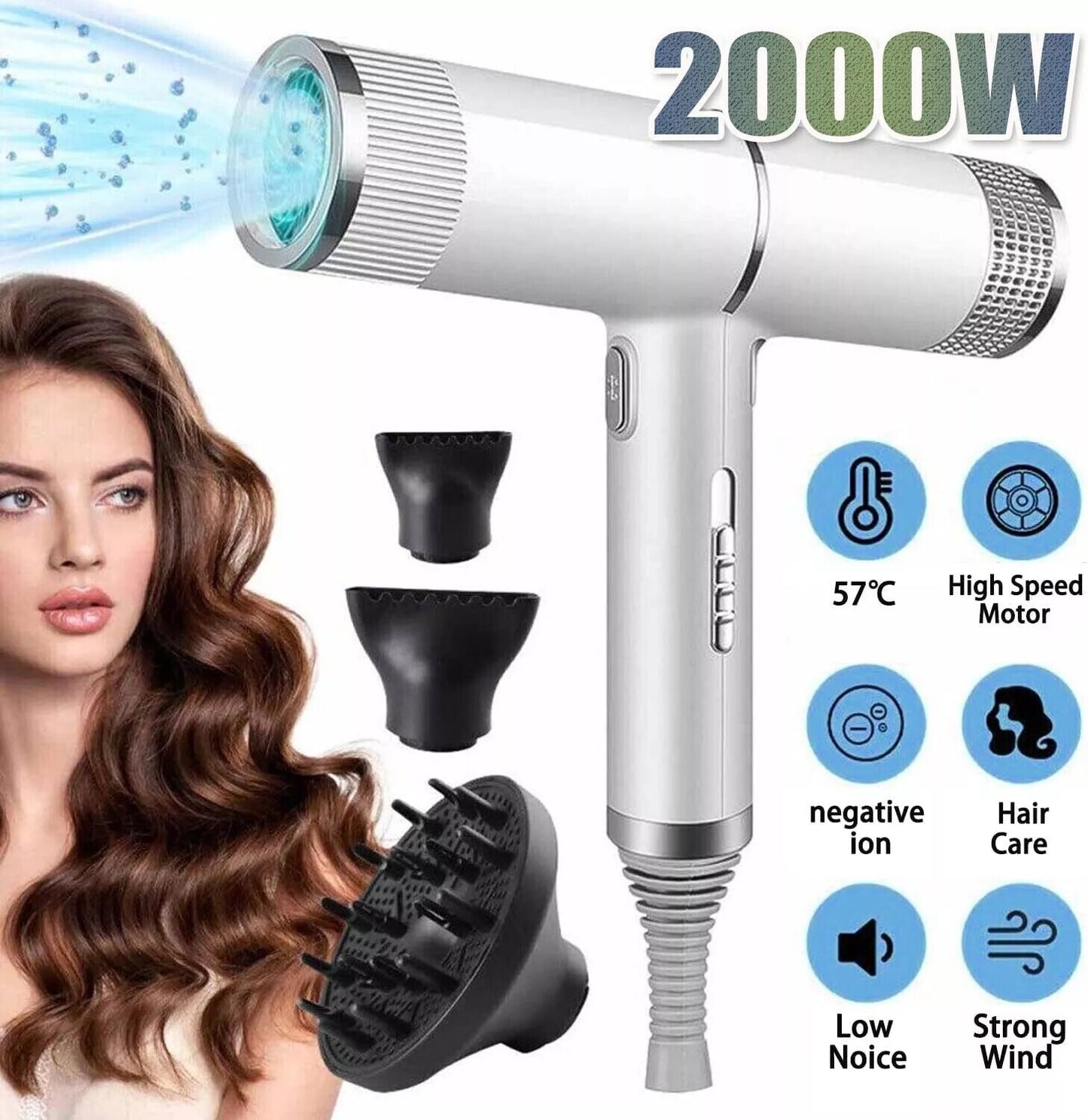 Professional Hair Dryer Fast Drying Ionic Hairdryer with Diffuser Hairdrye 2000W