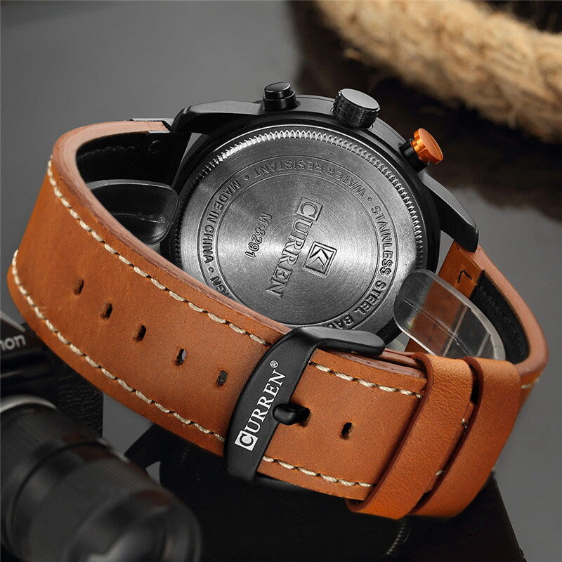 CURREN Men's Chronograph Date Waterproof Leather Strap Luxury Sports Wrist Watch