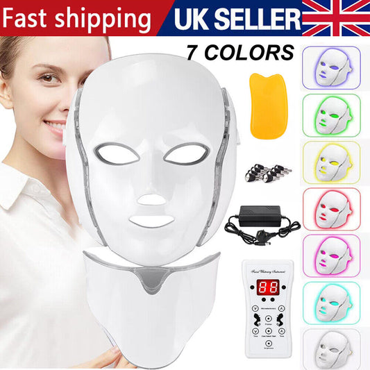 7 LED Light Photon Therapy Face Neck Mask Rejuvenation Skin Wrinkles Anti-aging
