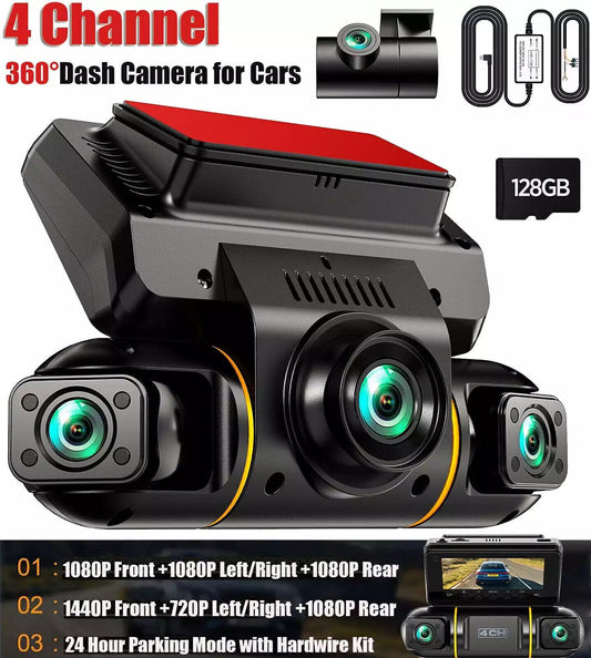 4 Channel Dash Cam 360° Front Rear Inside DashCam, FHD 1080P Car Camera 128GB