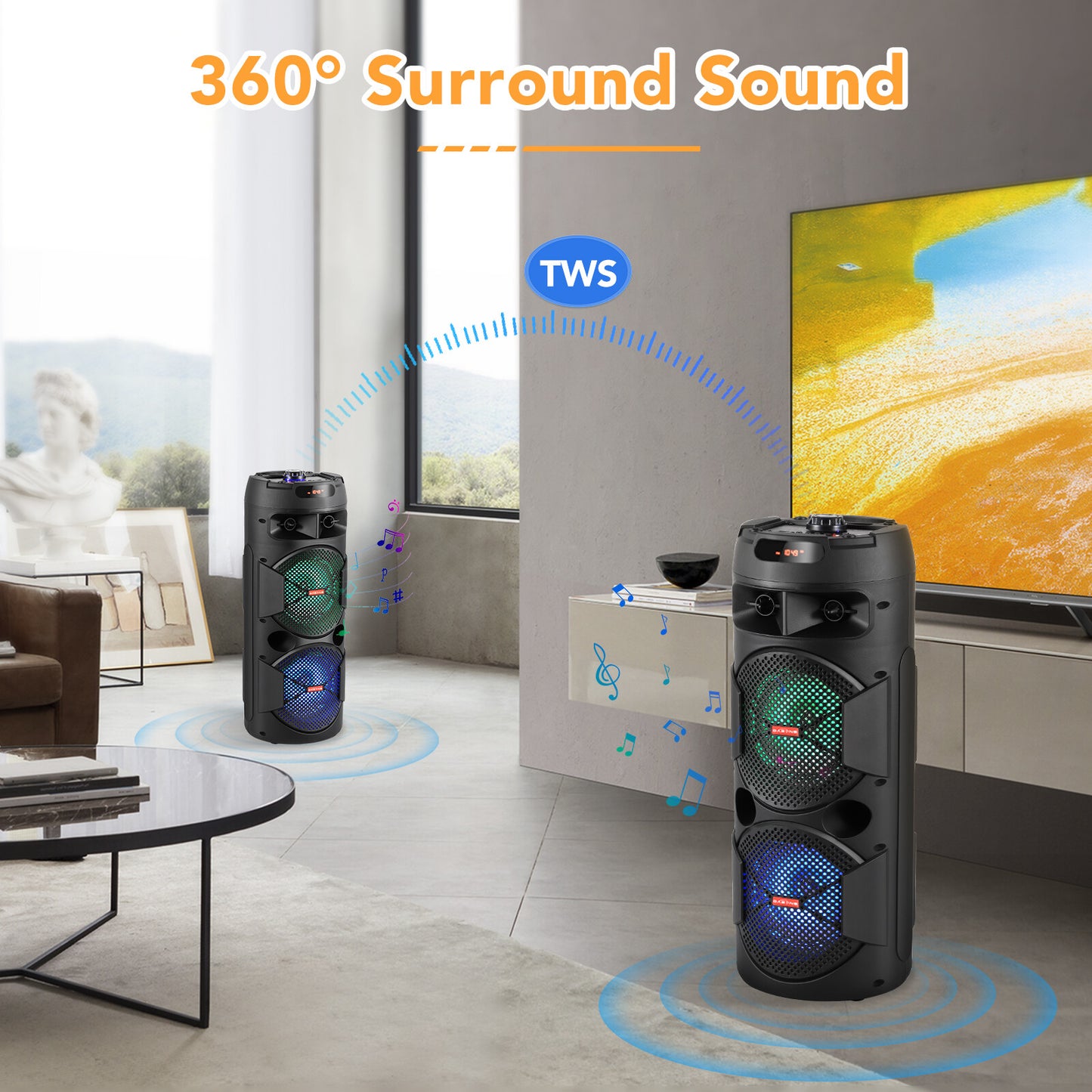 6000W Bluetooth Speaker Portable Dual Sub Woofer Heavy Bass Party DJ System Mic