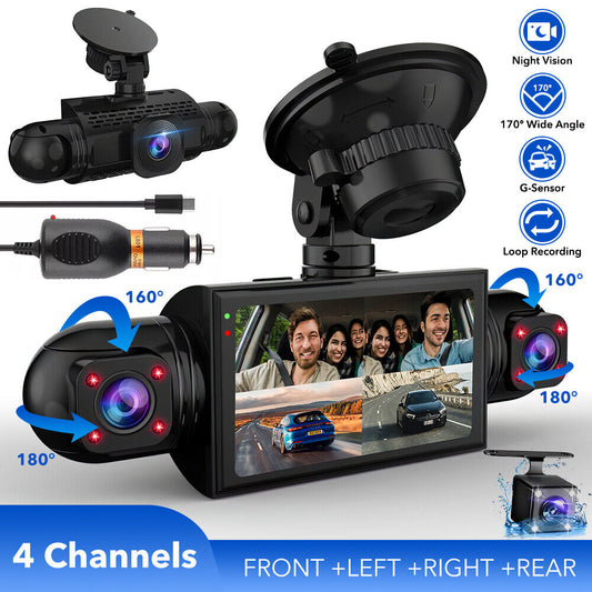 360° 4 Channel Dash Cam 1080P 4 Lens Front Rear Inside Driving Recorder G-Sensor
