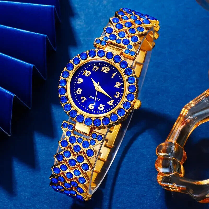 Watch Gift Set for Women Ladies Blue Gold Rhinestone 5 Pieces of Jewellery UK