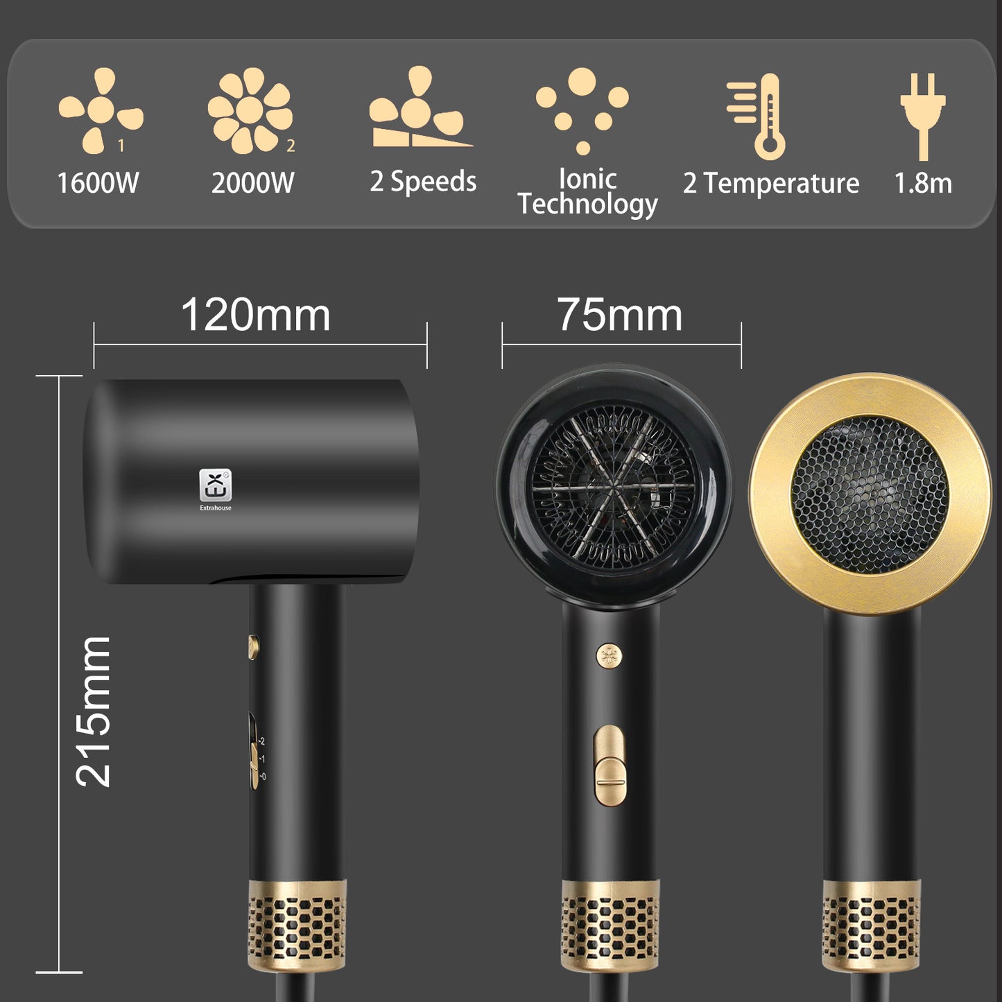 Professional Hair Dryer with Diffuser Household Fast Dry Electric Hairdryer UK
