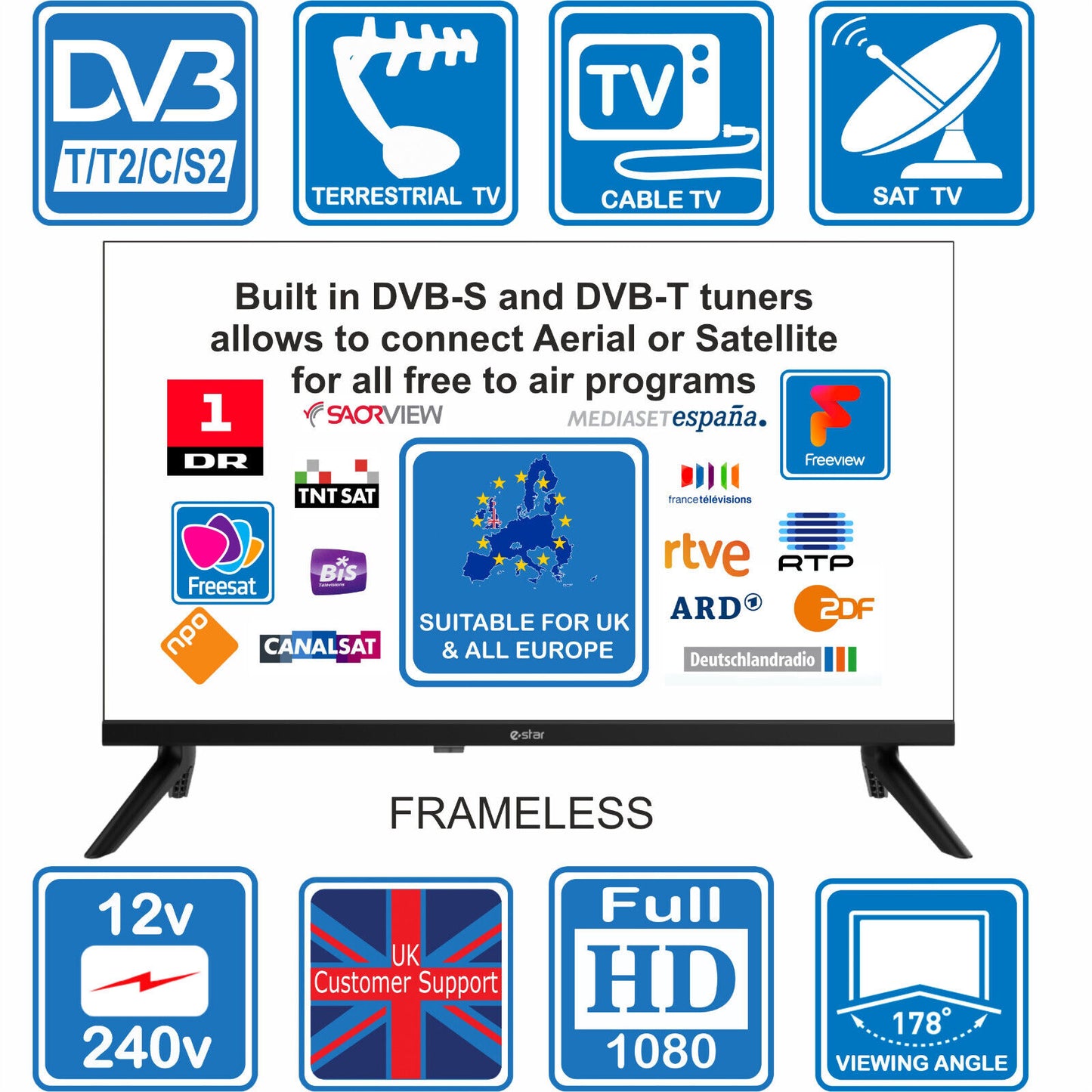 eStar 22" 12V or 240V TV Frameless Full HD 1080p 3xHDMI ideal for Motorhomes