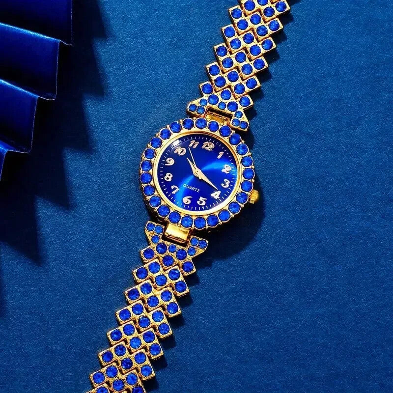 Watch Gift Set for Women Ladies Blue Gold Rhinestone 5 Pieces of Jewellery UK