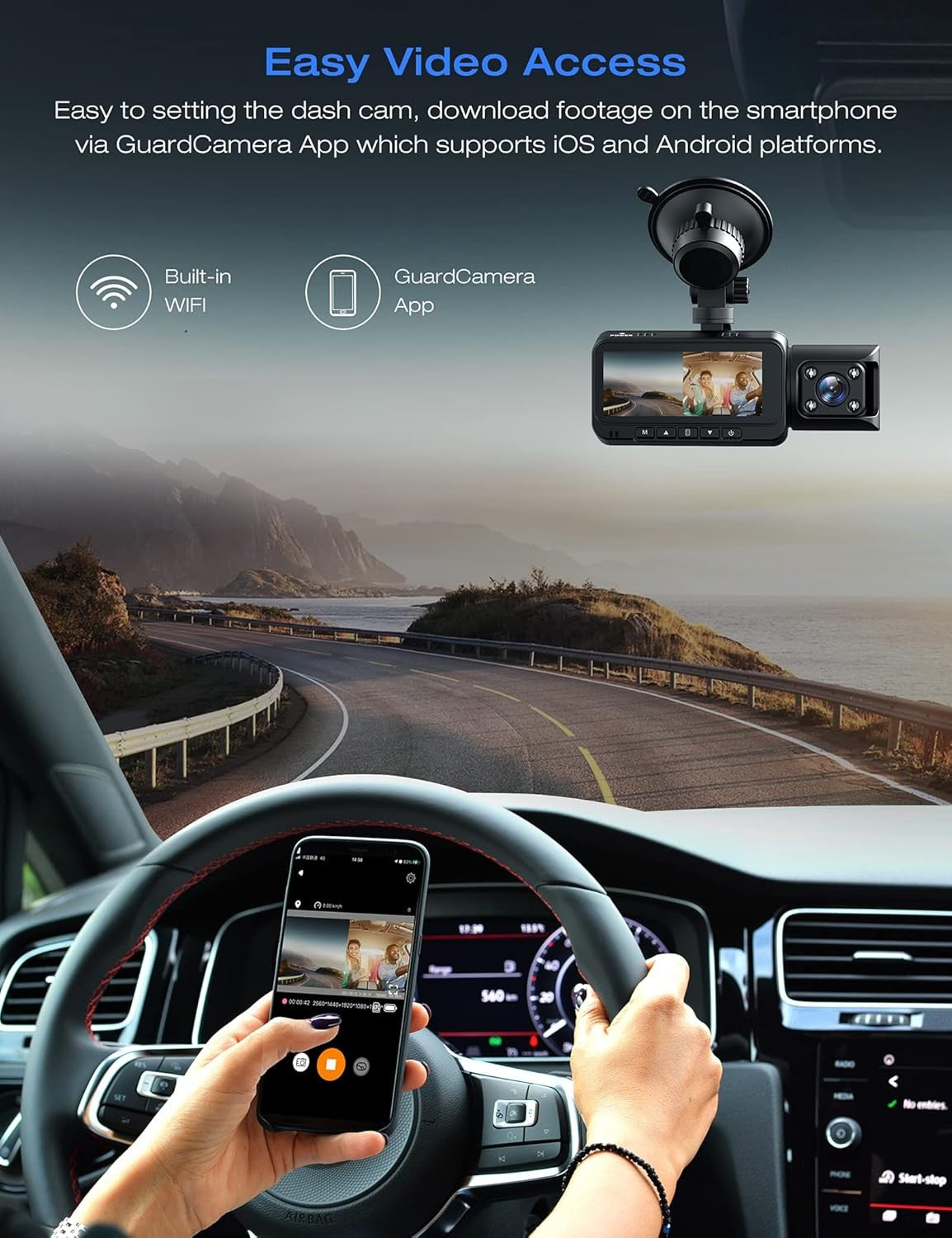 TOGUARD Dual Dash Cam 4K Front and 1080P Inside Cabin GPS Dual Lens Car Camera