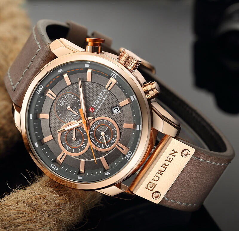 CURREN Men's Chronograph Date Waterproof Leather Strap Luxury Sports Wrist Watch