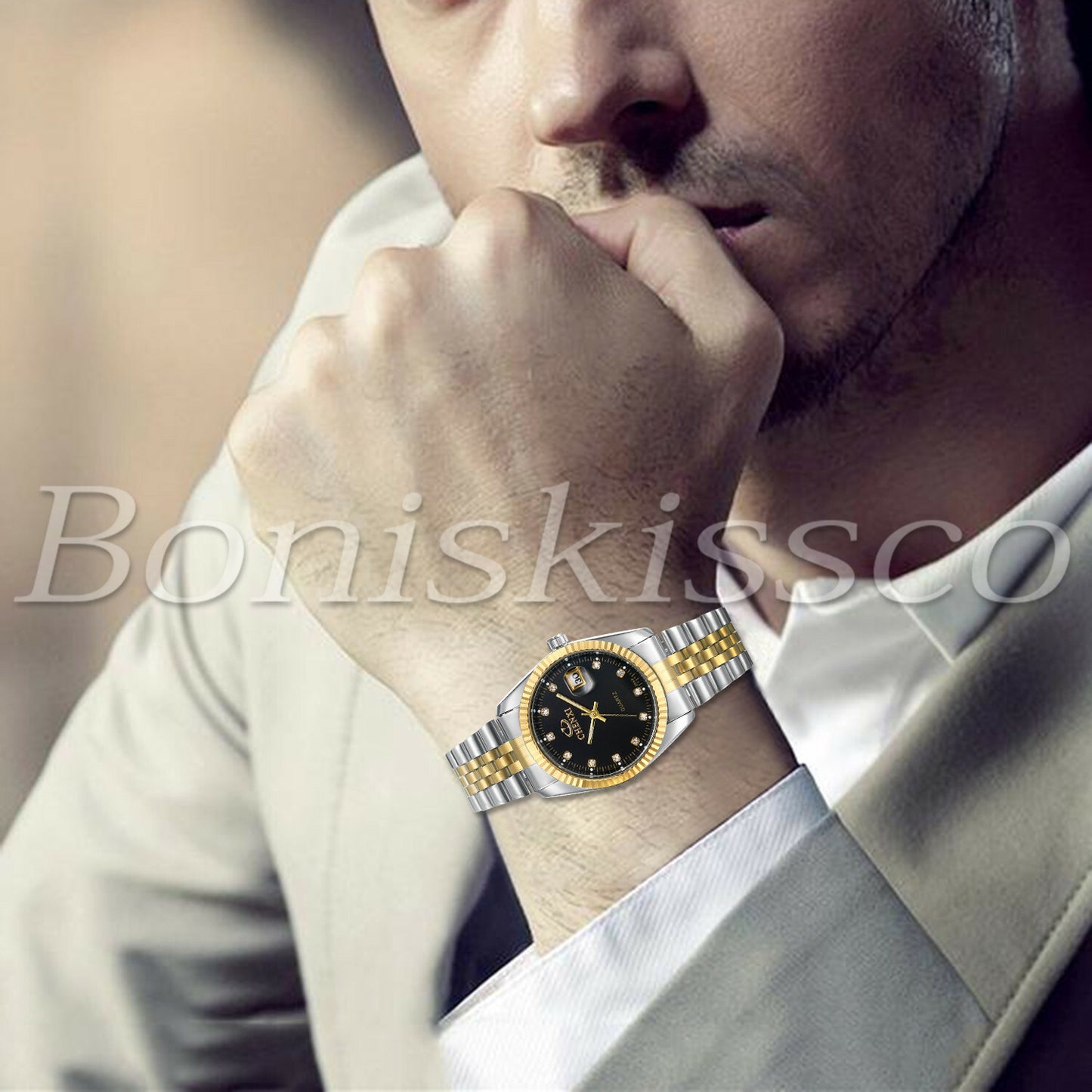Men's Women's Luxury Luminous Rhinestone Stainless Steel Wristband Couples Watch