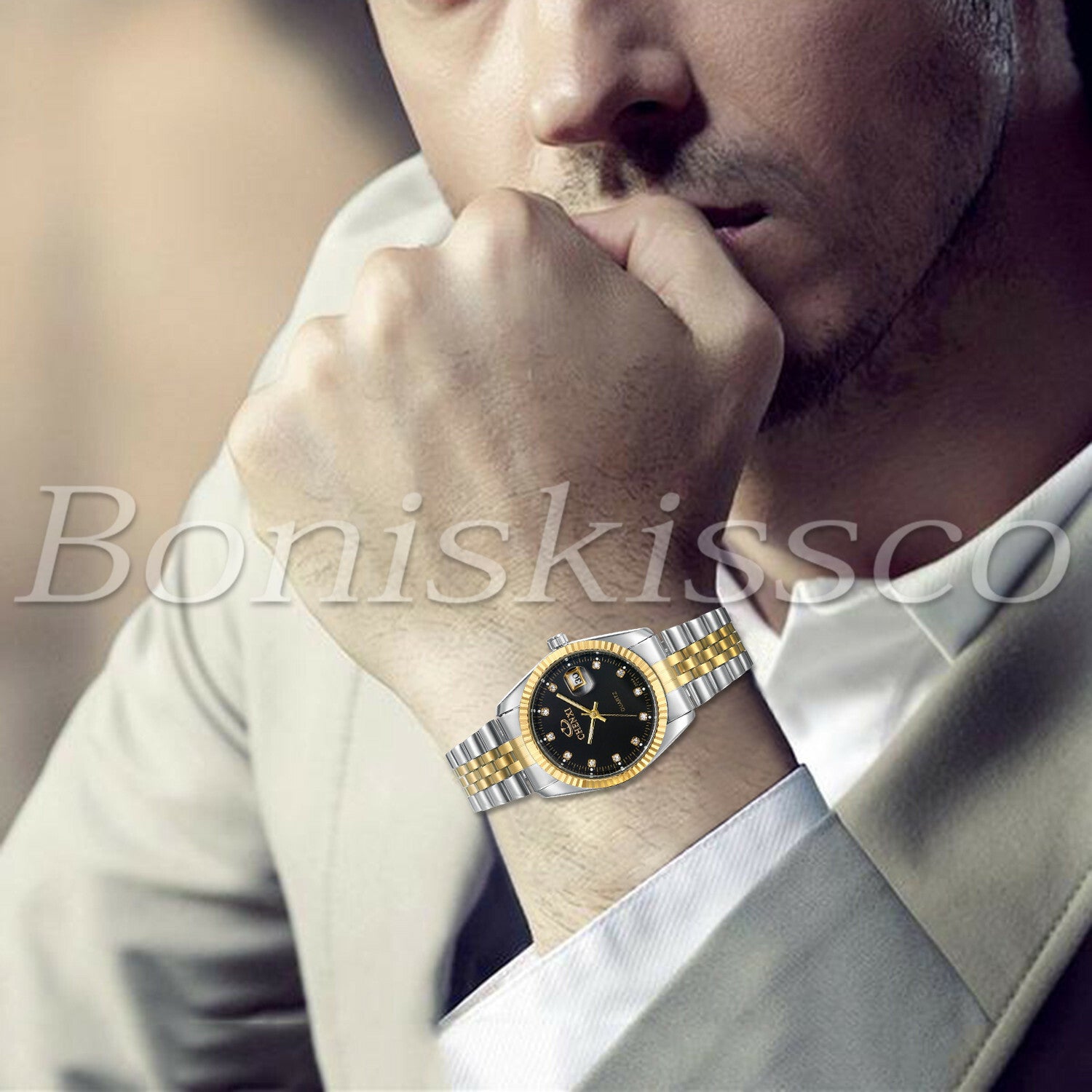 Men's Women's Luxury Luminous Rhinestone Stainless Steel Wristband Couples Watch