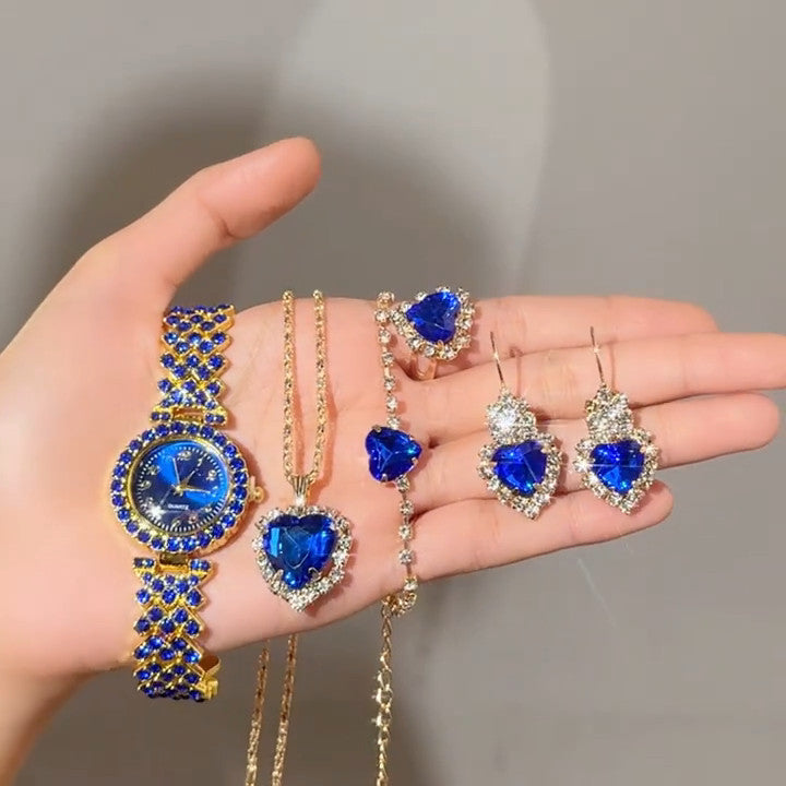 Watch Gift Set for Women Ladies Blue Gold Rhinestone 5 Pieces of Jewellery UK