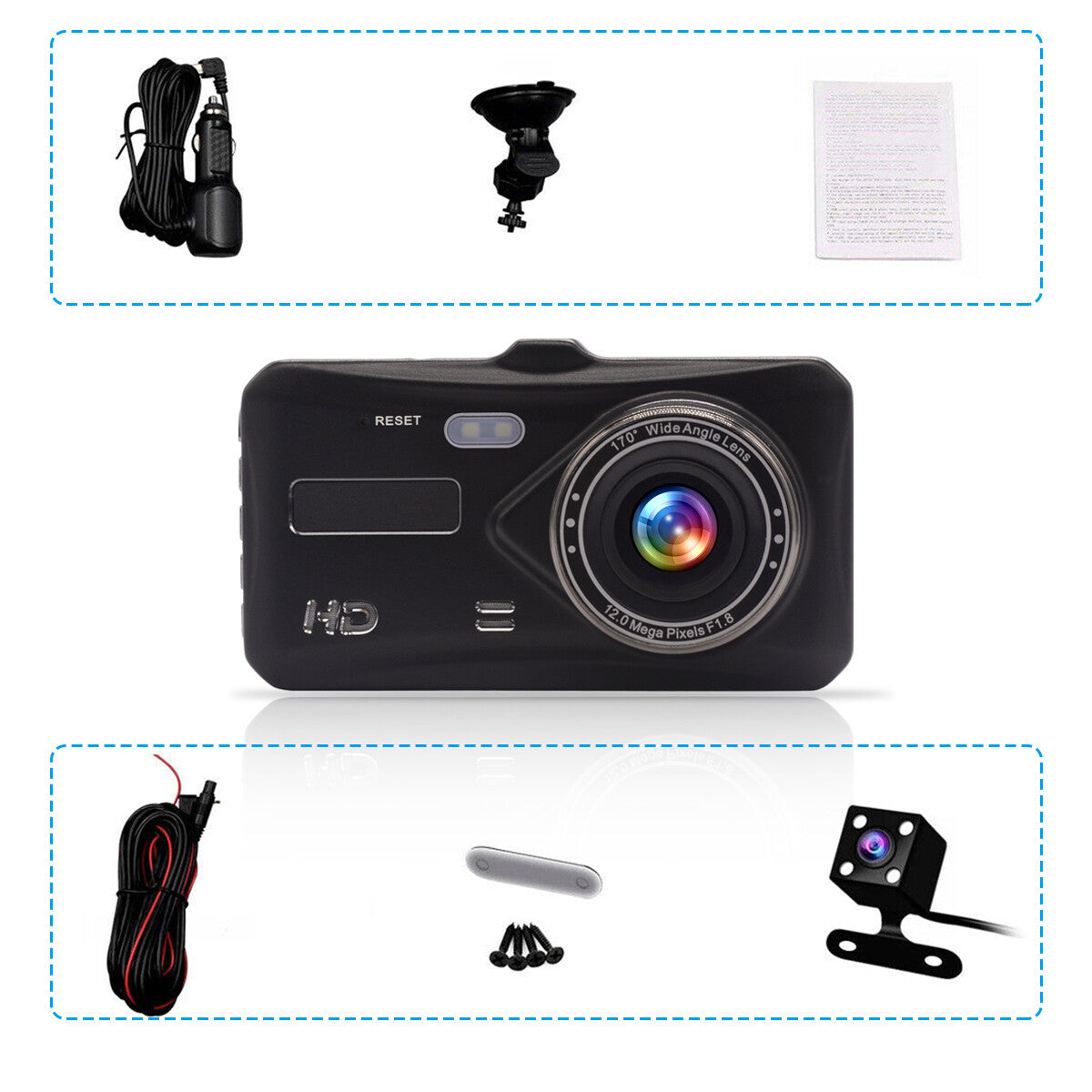 4" Dash Cam Pro Car Camera Recorder Dual Front and Rear HD 1080P Night + SD Card