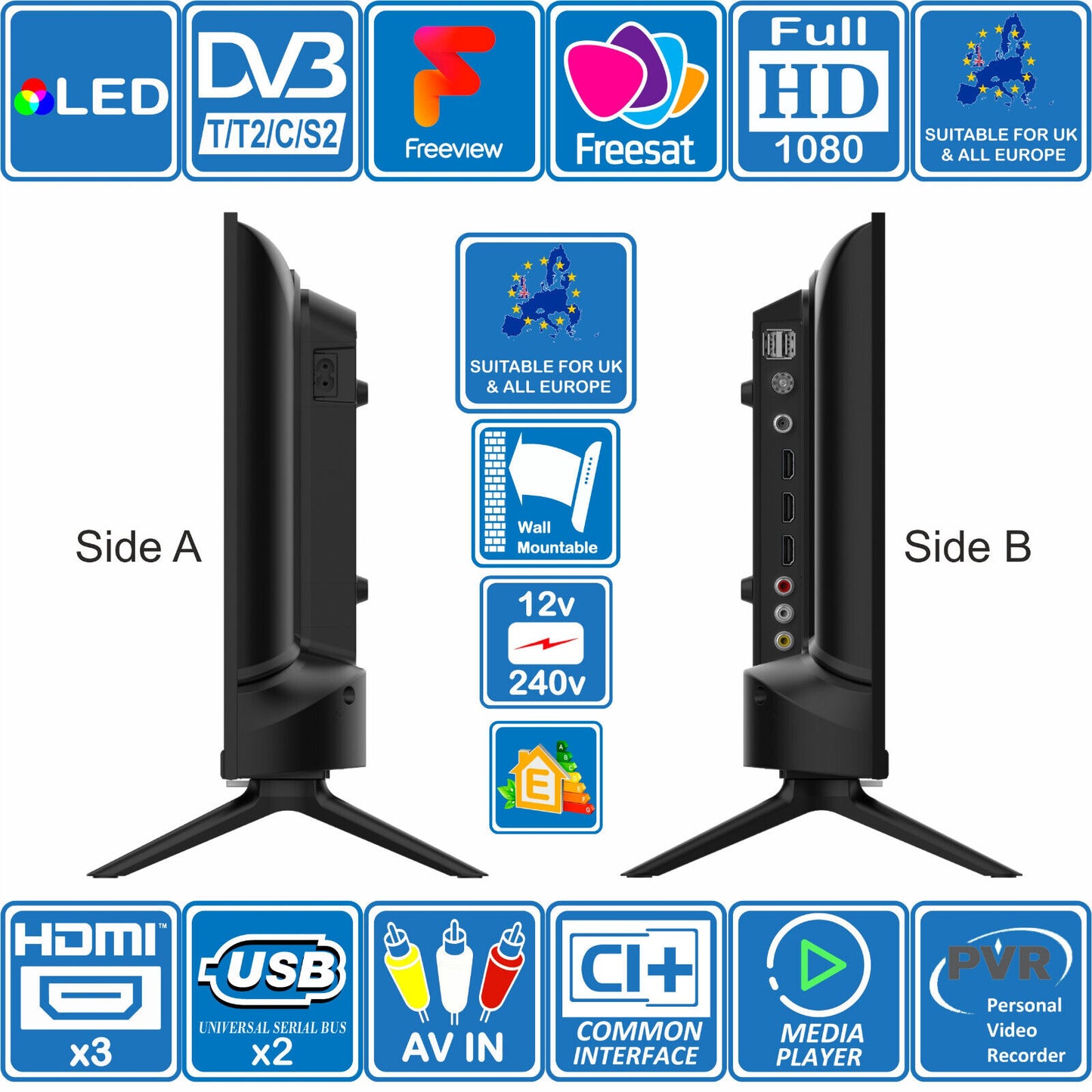 eStar 22" 12V or 240V TV Frameless Full HD 1080p 3xHDMI ideal for Motorhomes