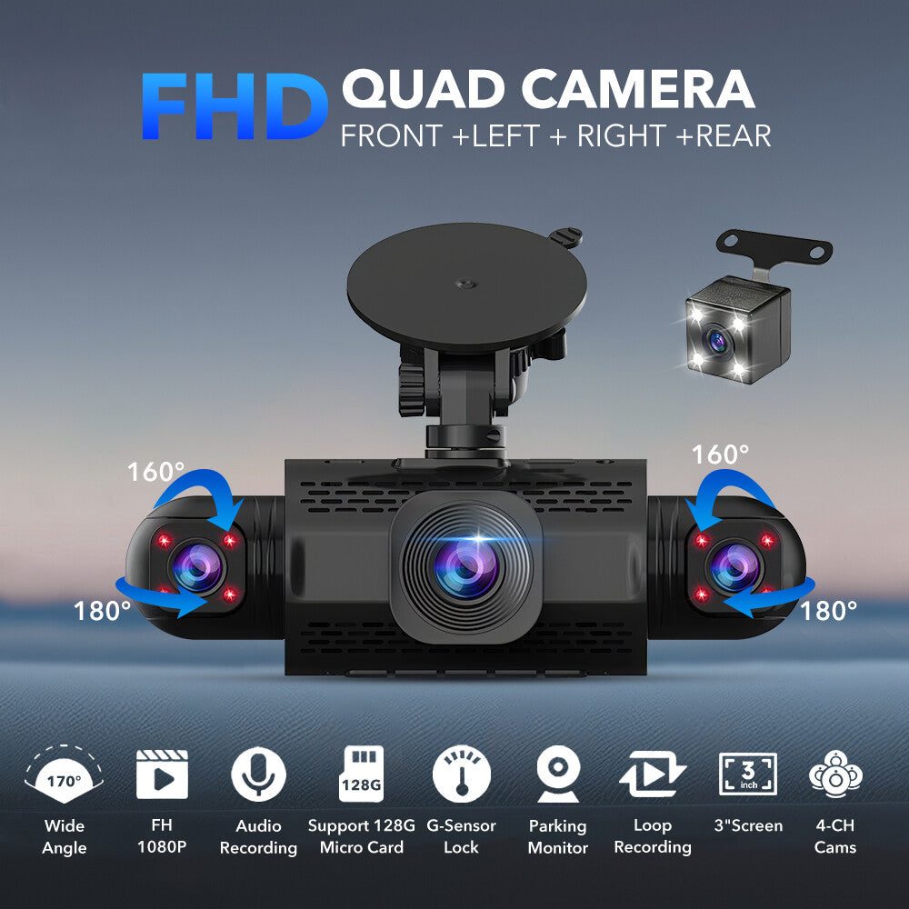 1080P Car Dash Camera +64GB Card Front Rear Driving Recorder 4 Channel G-Sensor