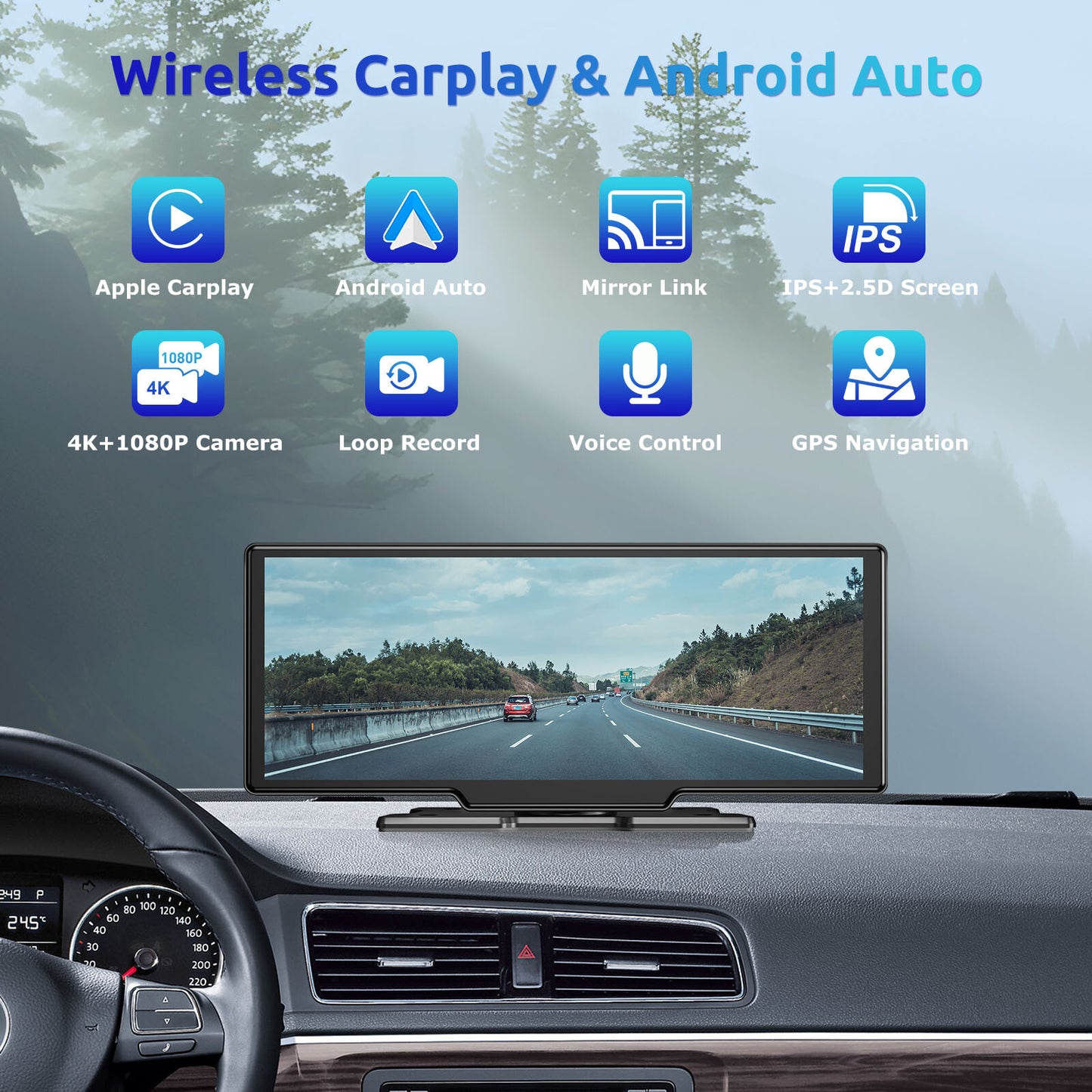 10" Portable 4K Touch Screen Car Stereo Wireless Apple Carplay Android Auto BT