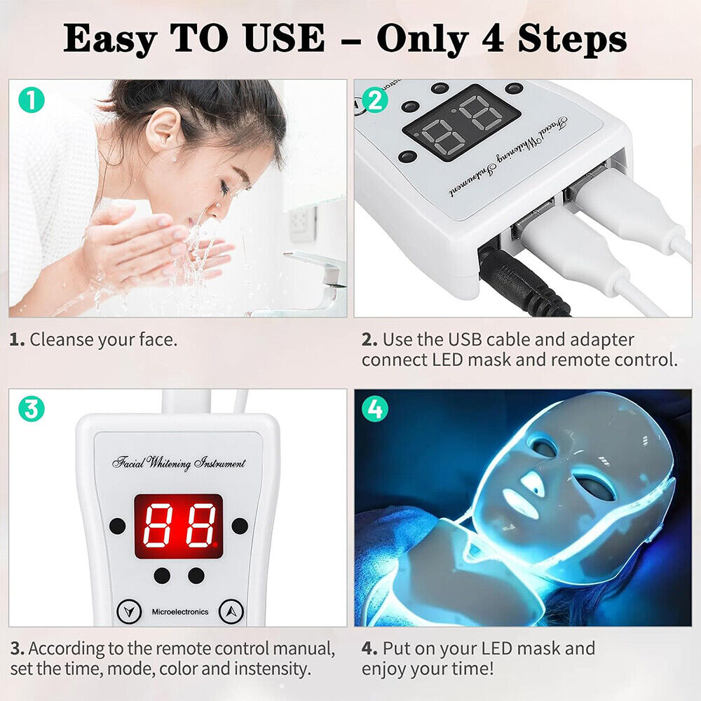 7 LED Light Photon Therapy Face Neck Mask Rejuvenation Skin Wrinkles Anti-aging