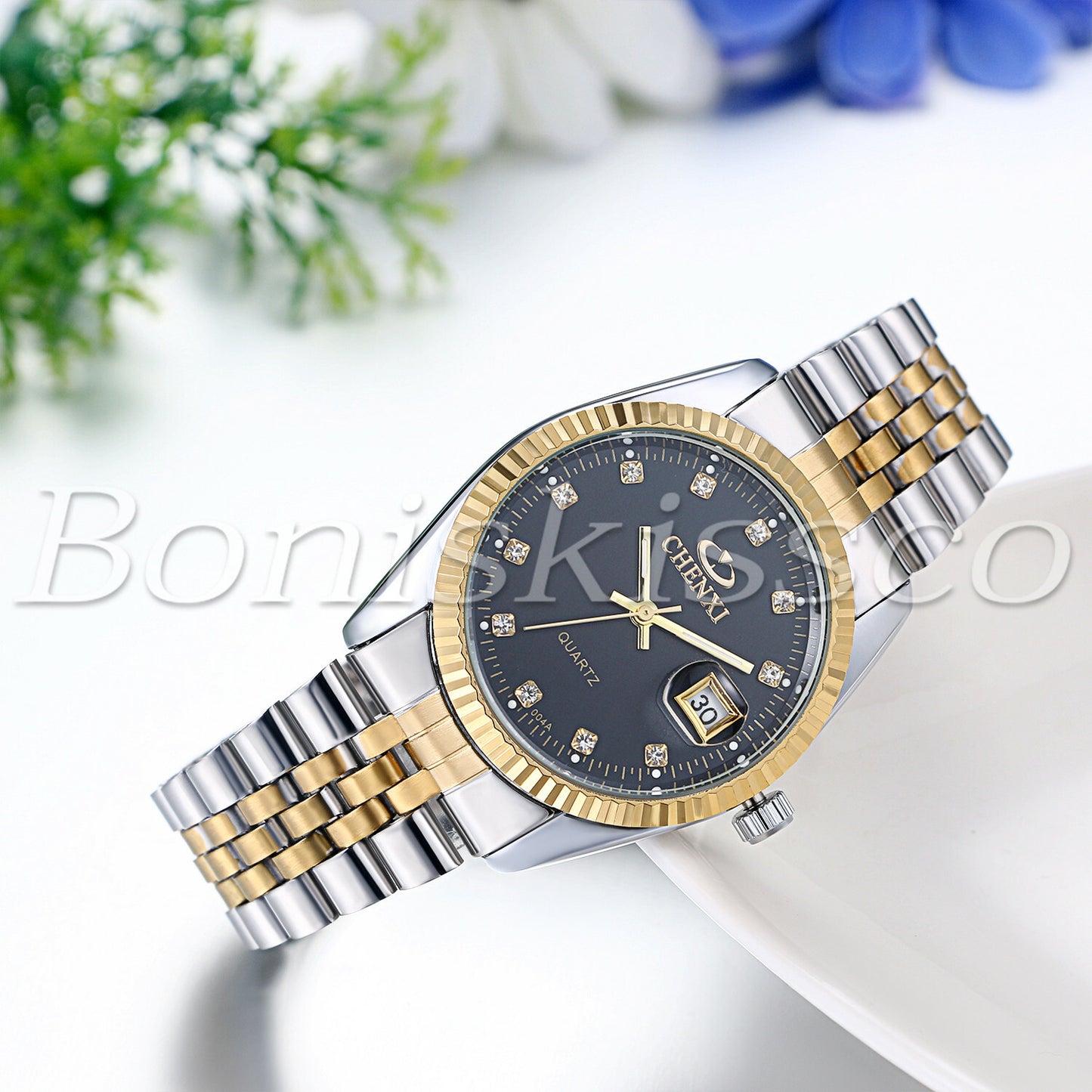 Men's Women's Luxury Luminous Rhinestone Stainless Steel Wristband Couples Watch