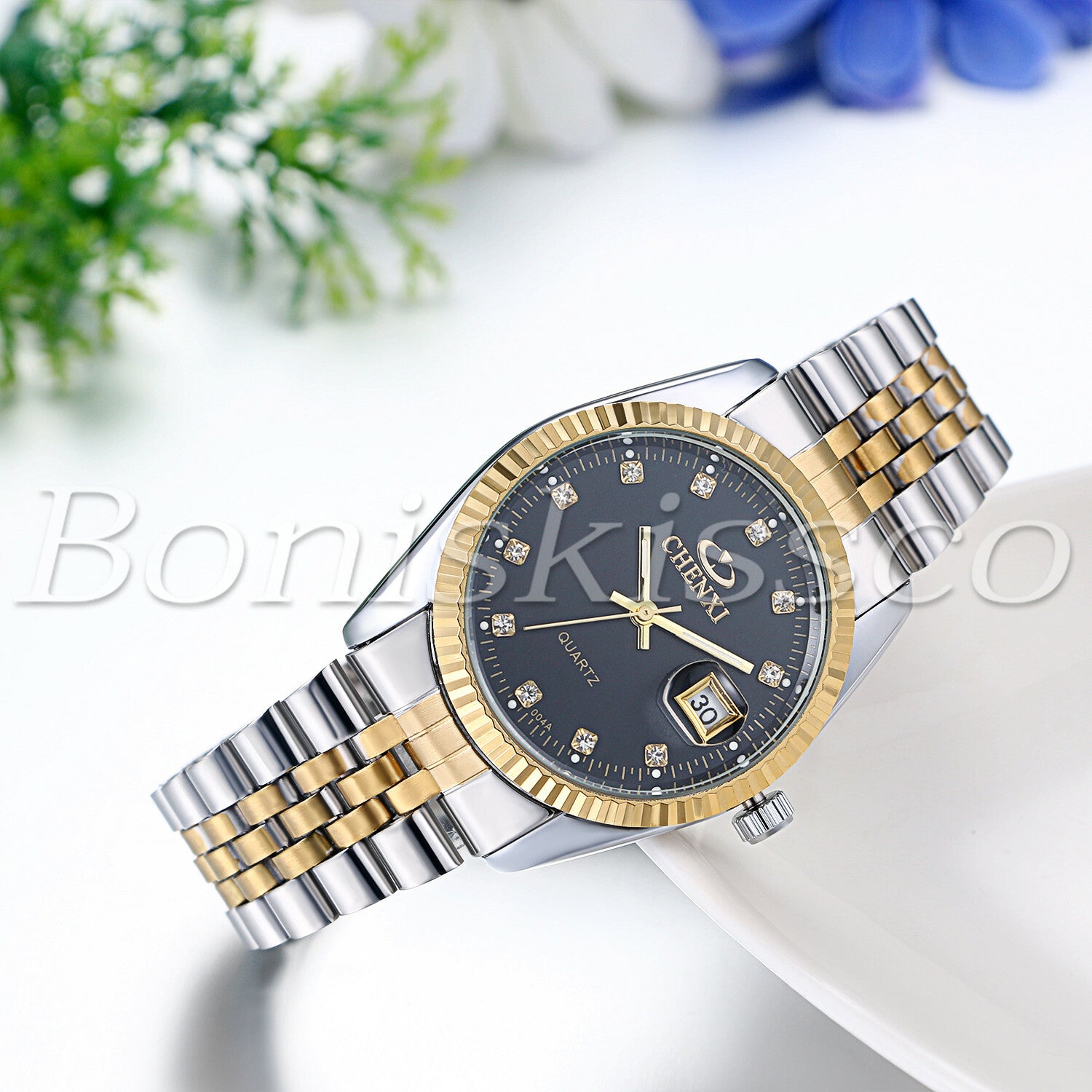 Men's Women's Luxury Luminous Rhinestone Stainless Steel Wristband Couples Watch