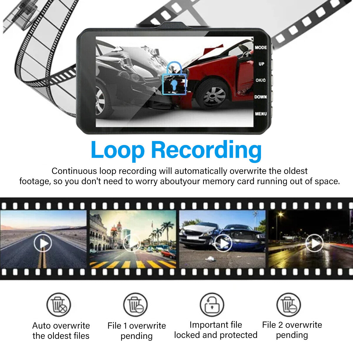 4" Dash Cam Pro Car Camera Recorder Dual Front and Rear HD 1080P Night + SD Card