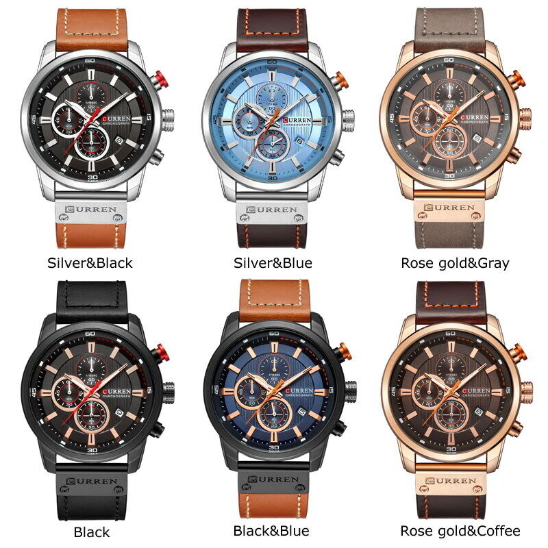 CURREN Men's Chronograph Date Waterproof Leather Strap Luxury Sports Wrist Watch