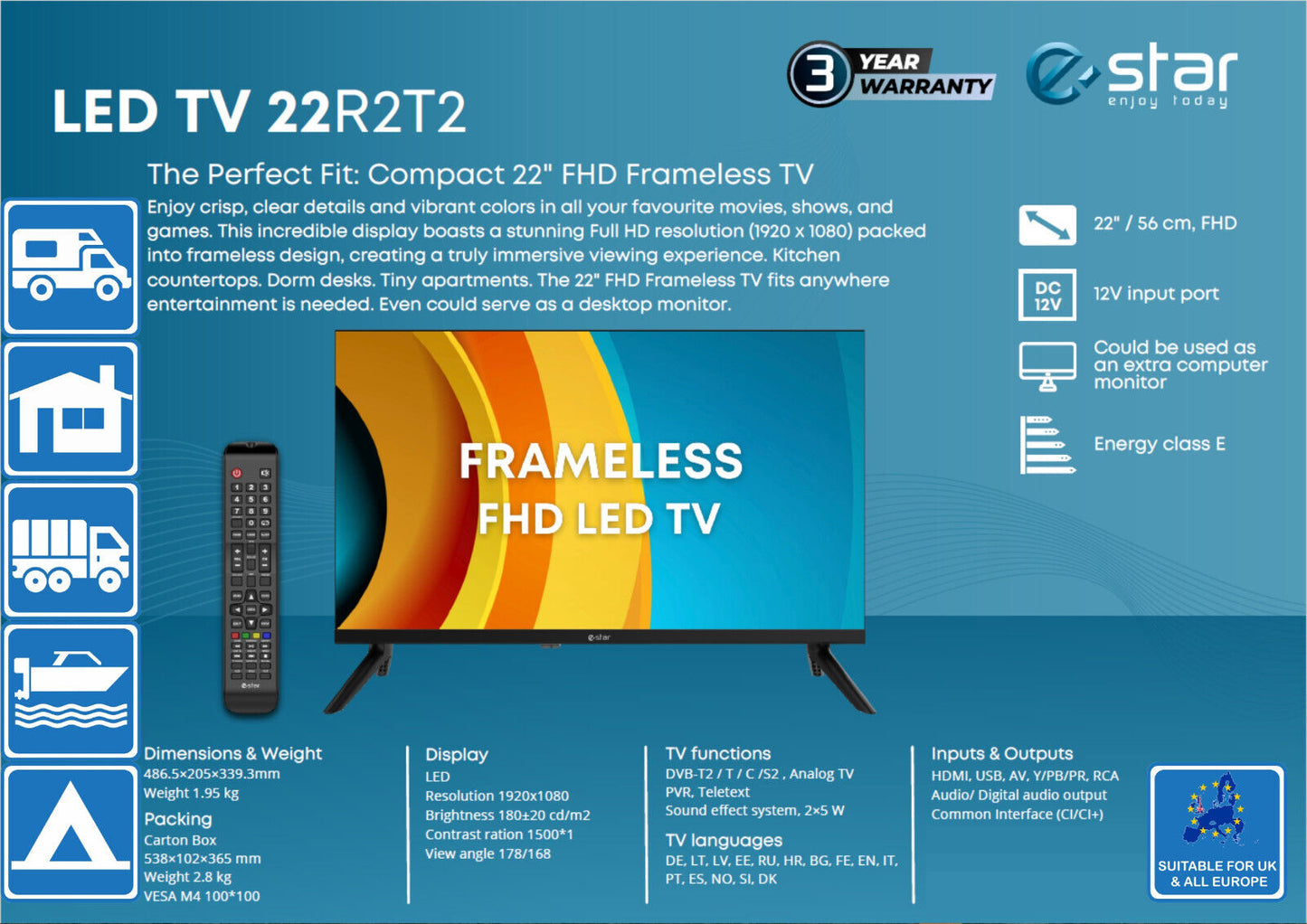 eStar 22" 12V or 240V TV Frameless Full HD 1080p 3xHDMI ideal for Motorhomes