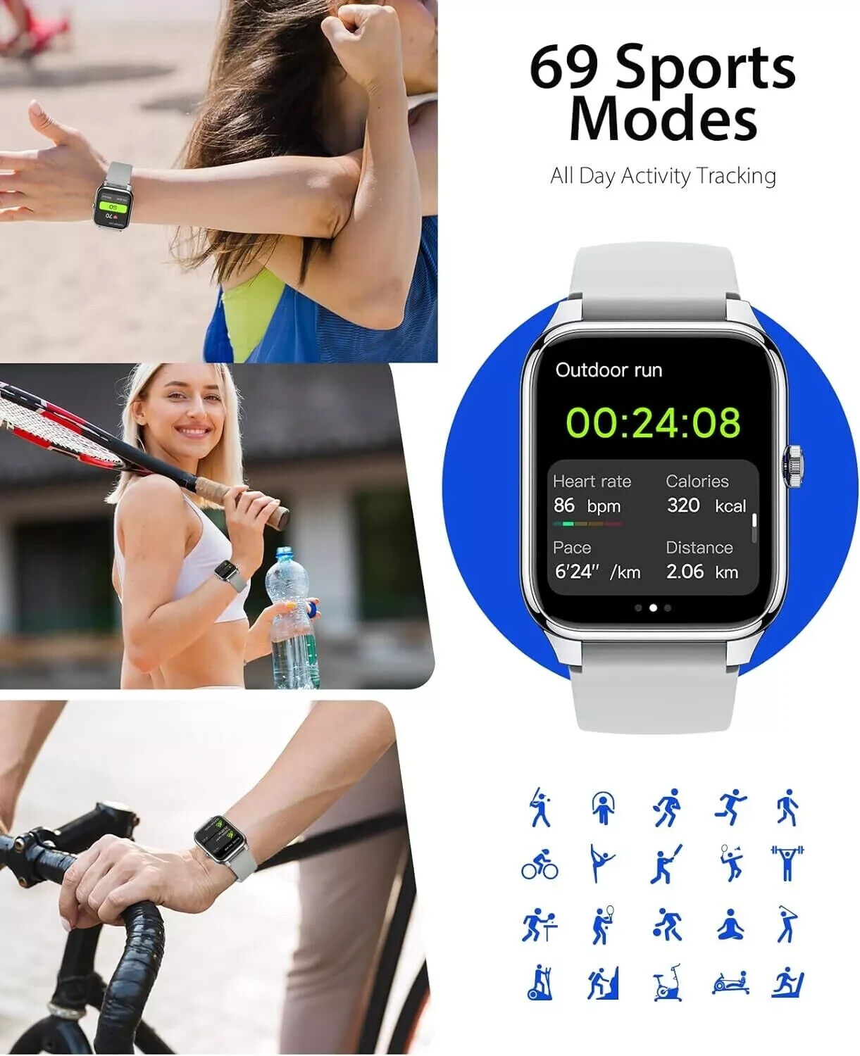 Alexa Smart Watch Calls Bluetooth Heart Rate Blood Pressure iPhone Samsung
