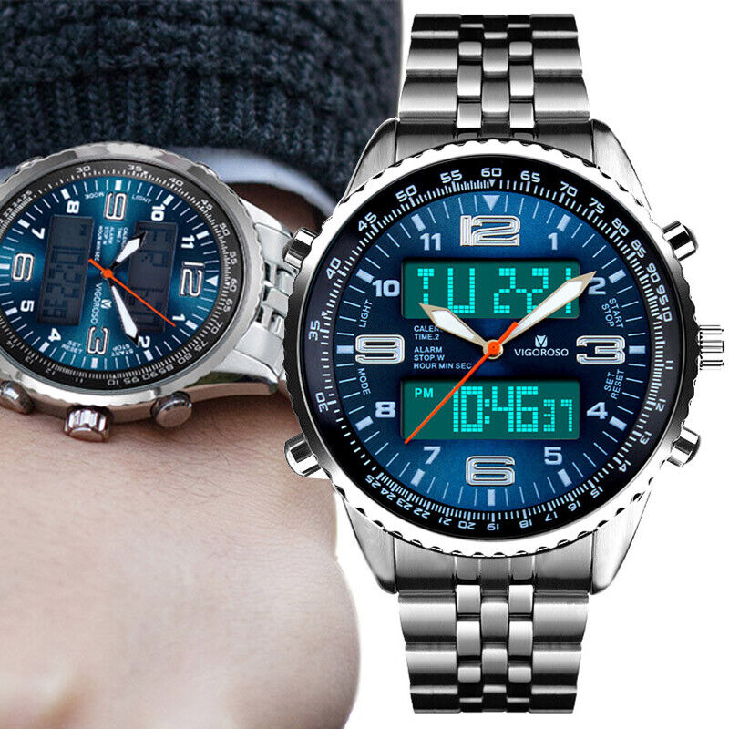 Luxury Mens Analogue Digital LED Stainless Steel Waterproof Military Sport Watch