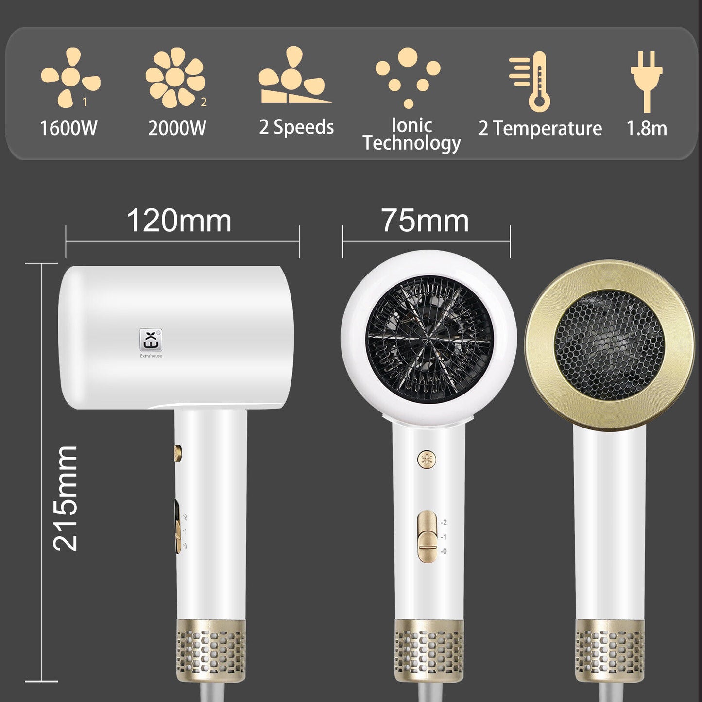 Professional Hair Dryer with Diffuser Household Fast Dry Electric Hairdryer UK