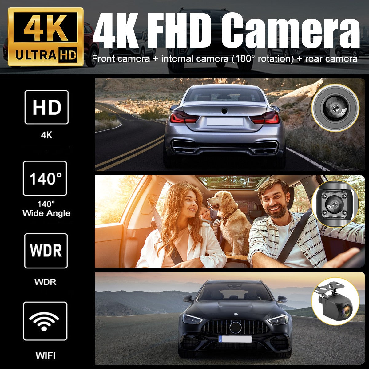 Front and Rear 4K Dash Cam View 120° Car Camera Night Vision with Built in WiFi