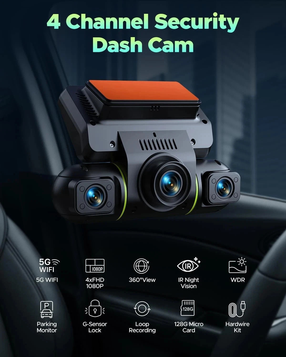 4 Channel Dash Cam 360° Front Rear Inside DashCam, FHD 1080P Car Camera 128GB