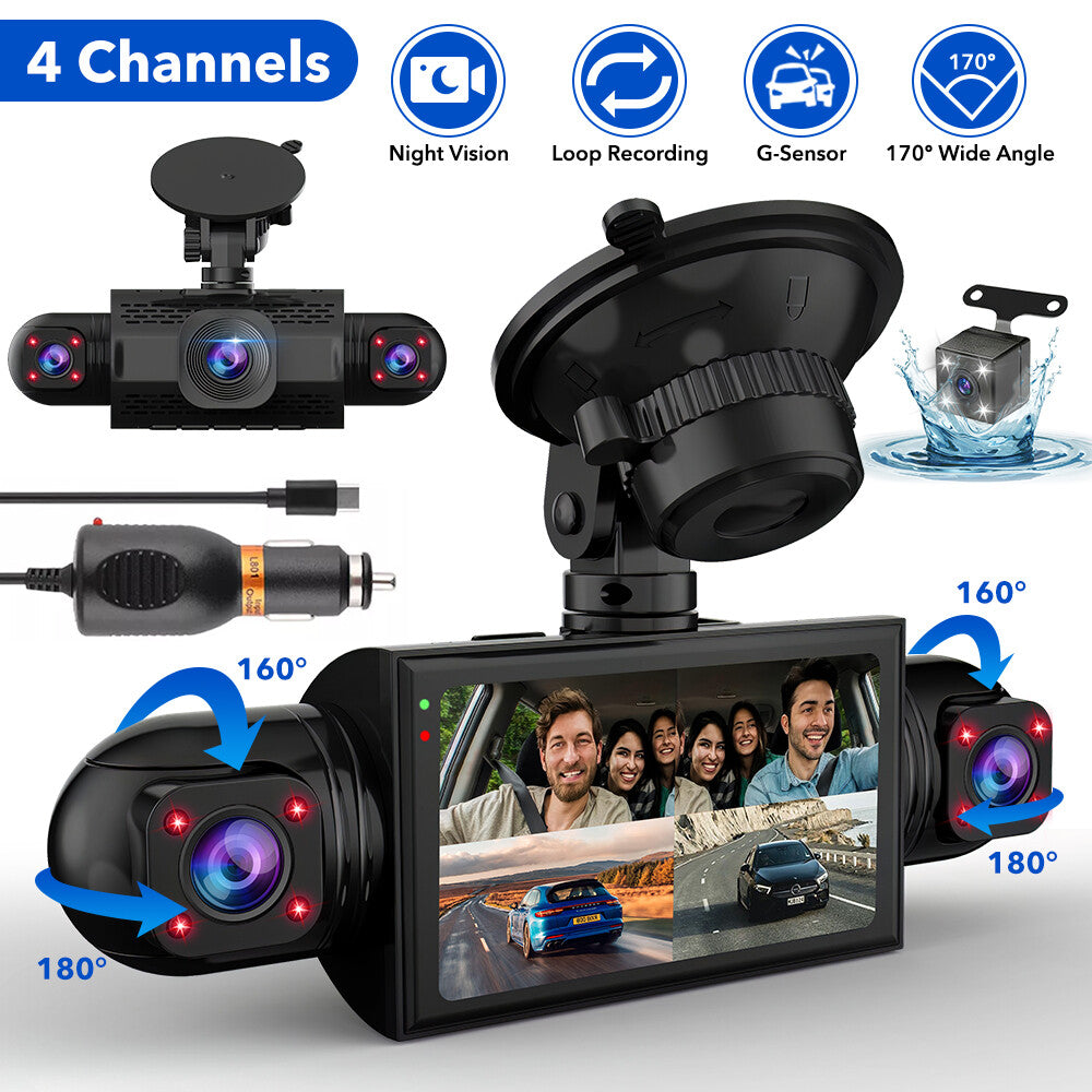 360° 4 Channel Dash Cam 1080P 4 Lens Front Rear Inside Driving Recorder G-Sensor