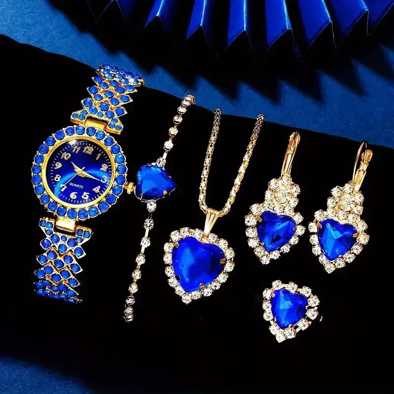 Watch Gift Set for Women Ladies Blue Gold Rhinestone 5 Pieces of Jewellery UK